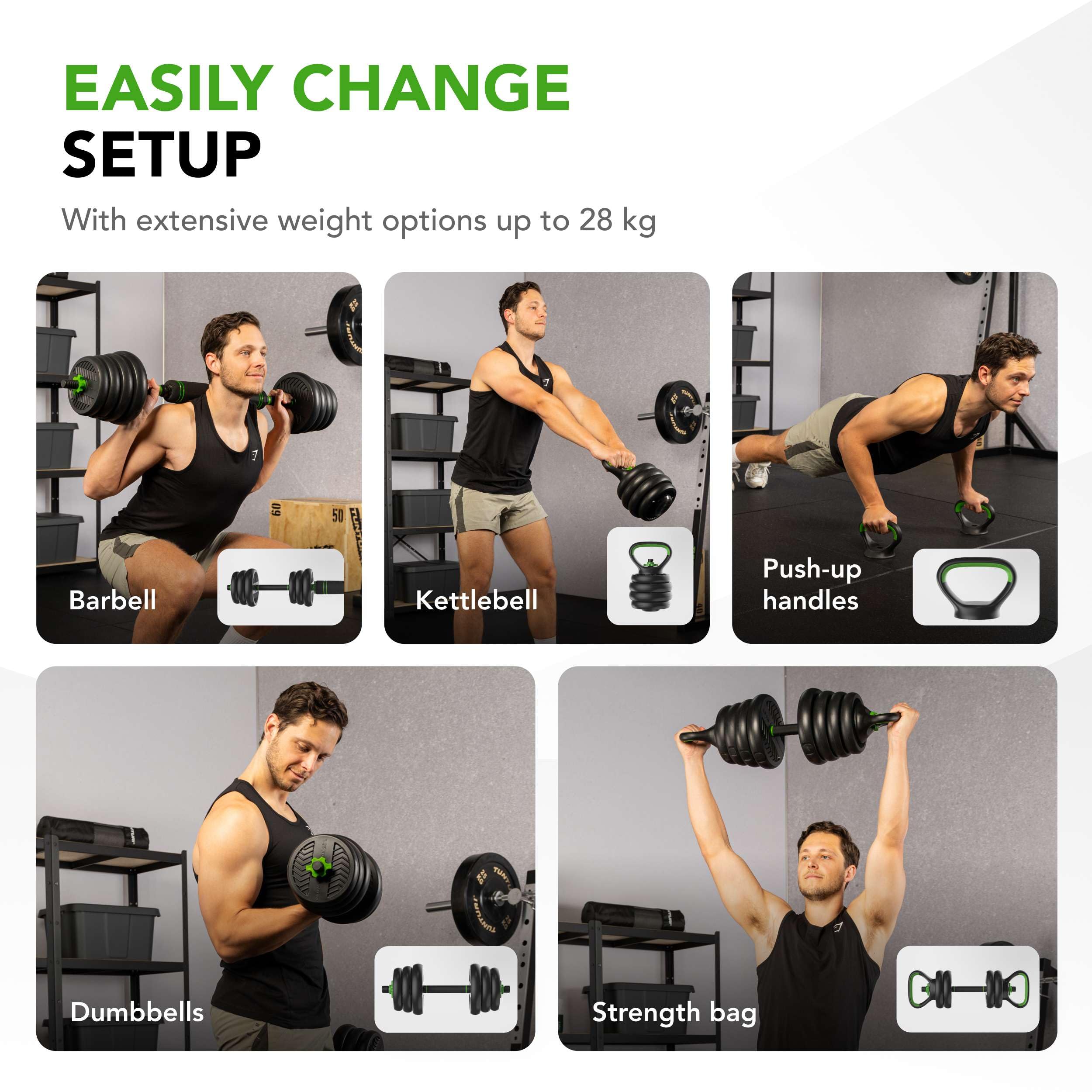Tunturi Hantelset und Kurzhanteln Vinyl 20-28 kg – Gewichte-Set mit Kettlebell und Langhantel – Liegestützgriffe – Sternverschluss 30 mm – Rutschfester Griff