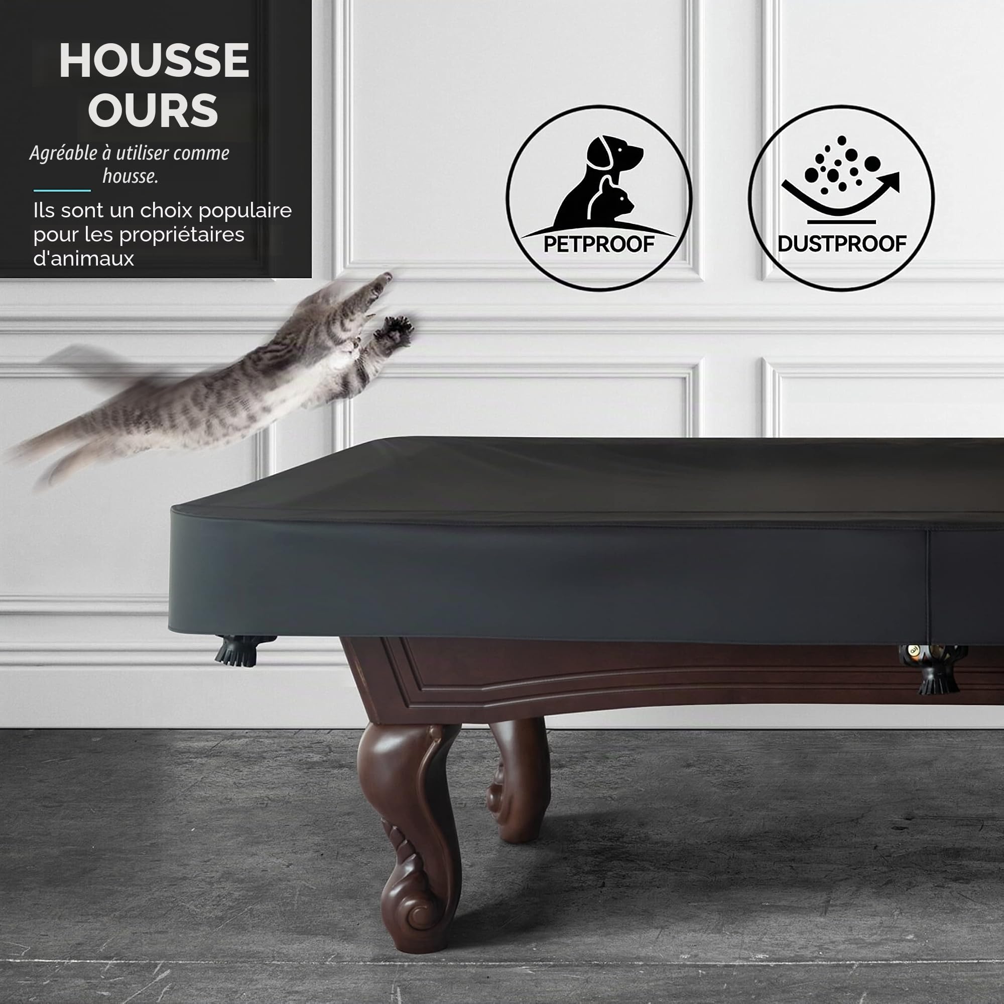 Housse de billard en similicuir robuste, imperméable et indéchirable pour table de billard de 2,2/2,4 m (2,1 m, noir)