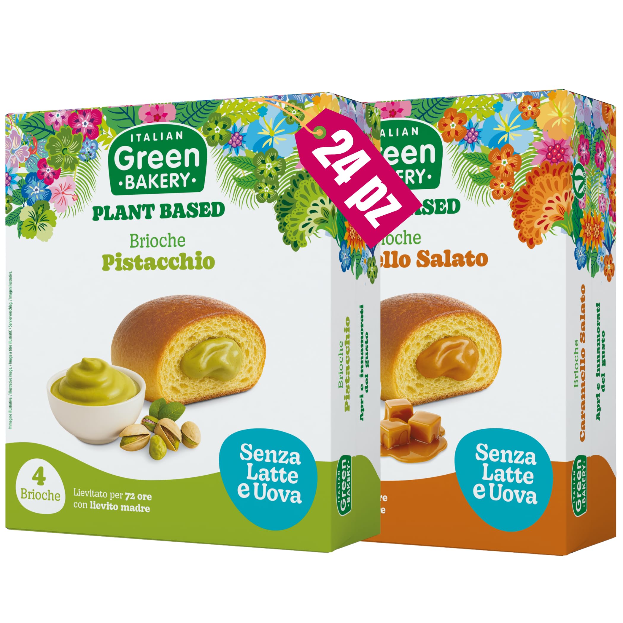 Brioche Vegane 2 Gusti con Crema al Pistacchio e Caramello Salato, Senza Lattosio, Latte e Uova, Merendine Artigianali Plant Based con Lievito Madre, 45gr x 24pz. (6 Confezioni) - Vegan With Love