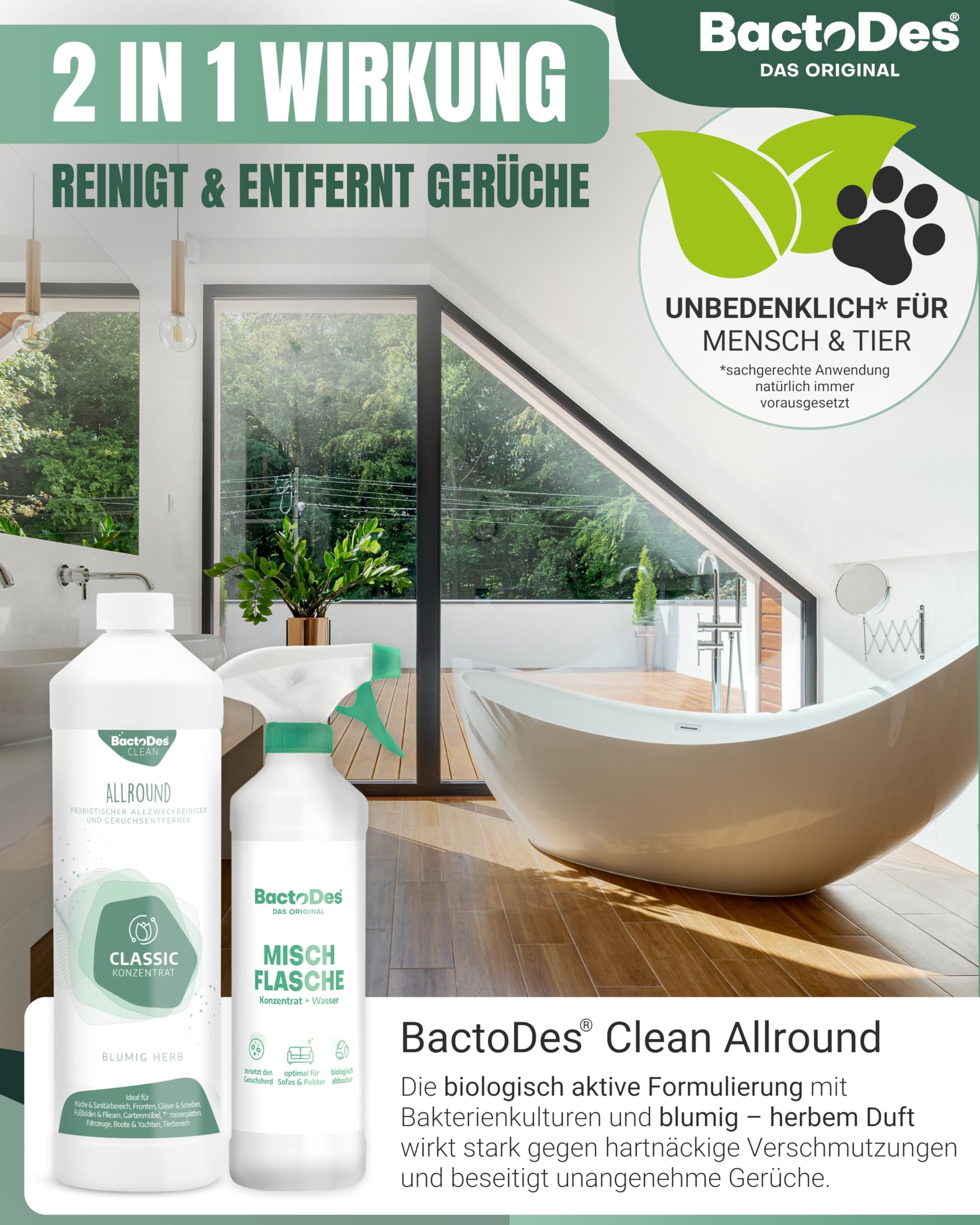 BactoDes - Clean Allround CLASSIC probiotischer Allzweckreiniger 6L Konzentrat mit Sprayflasche - Spezial Enzymreiniger mit bio Mikroben-Wirkung - Effektiver Geruchsneutralisierer & Geruchsentferner