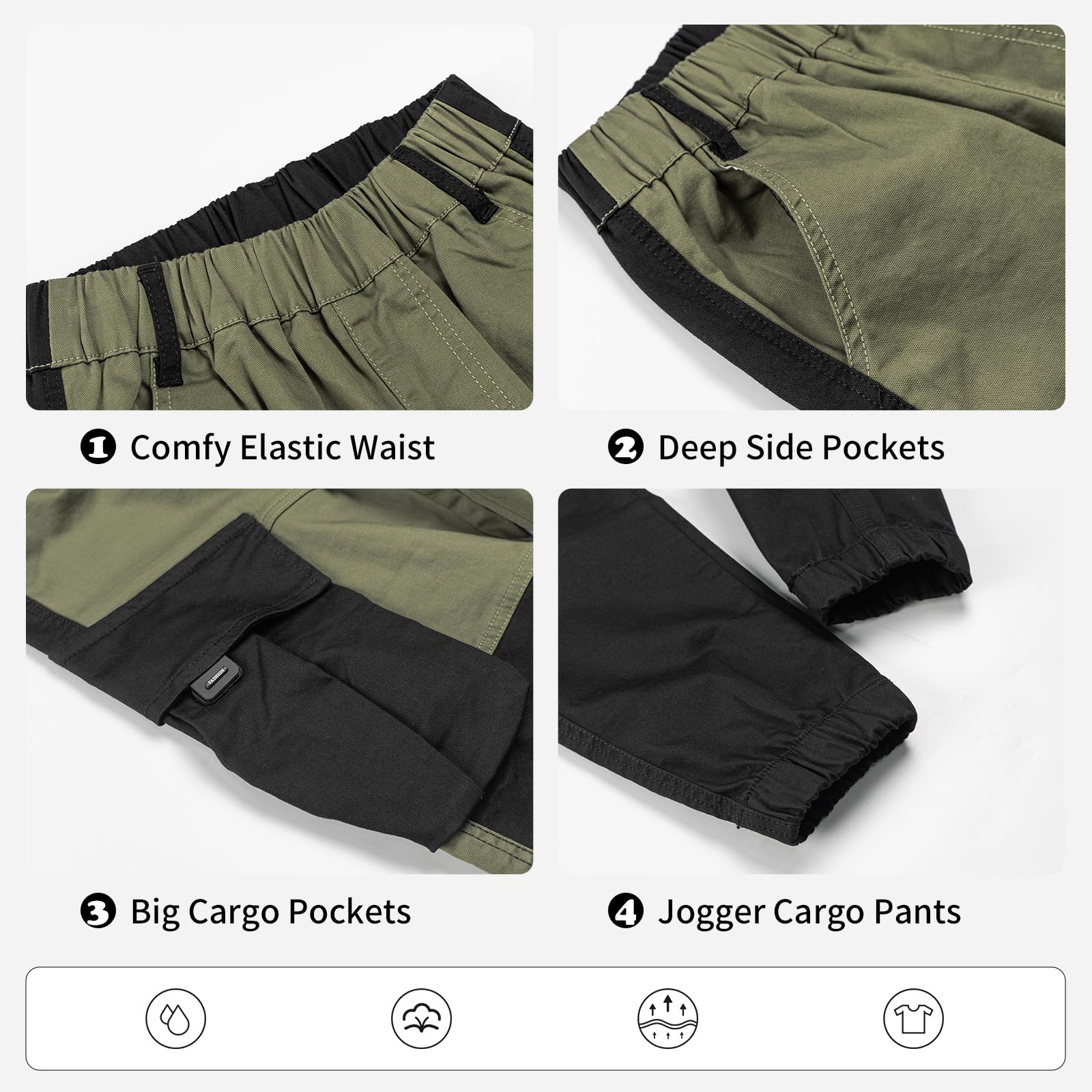 Rolanko Pantalones cargo casuales para niños, cintura elástica, para senderismo, para exteriores, 4-14 años, D2-Army Black, 8-10
