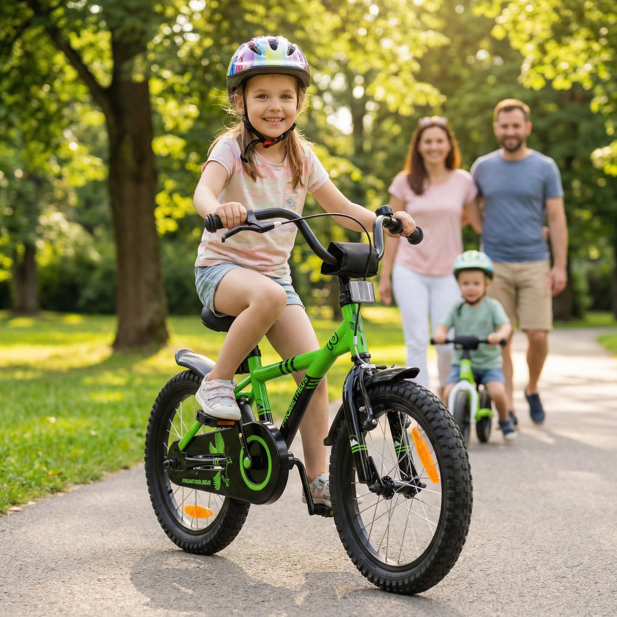 PROMETHEUS BICYCLES Kinderfahrrad 16 Zoll ab 5 Jahren - Kinder Fahrrad Mädchen Jungen Fahrrad Kinder mit Stützräder Rücktrittbremse in Grün Schwarz