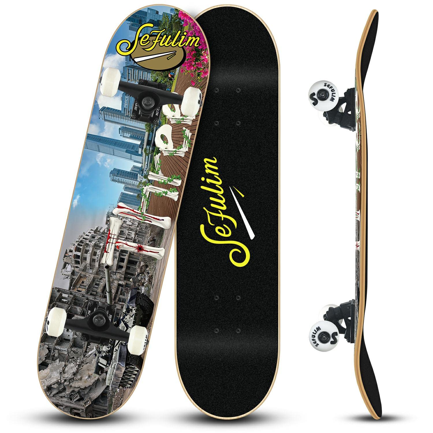 Sefulim Skateboard, Professional Skateboard with ABEC-9 Bearing 7 Layer Hard Maple Deck, Complete Skateboard for Adults, Teens, Kids and Beginners