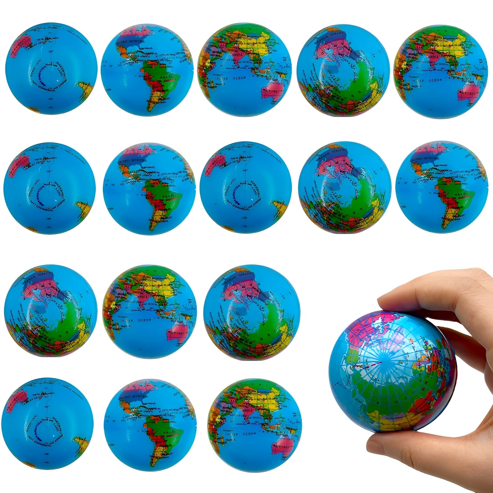 16 Piezas Pelota Antiestrés Mundo, Bolas Antiestrés, Pelota Antiestrés Mano, Pelota Mundo, Pelotas Antiestrés Pequeñas, Juguetes para Apretar para Niños Y Adultos para Aliviar el Estrés