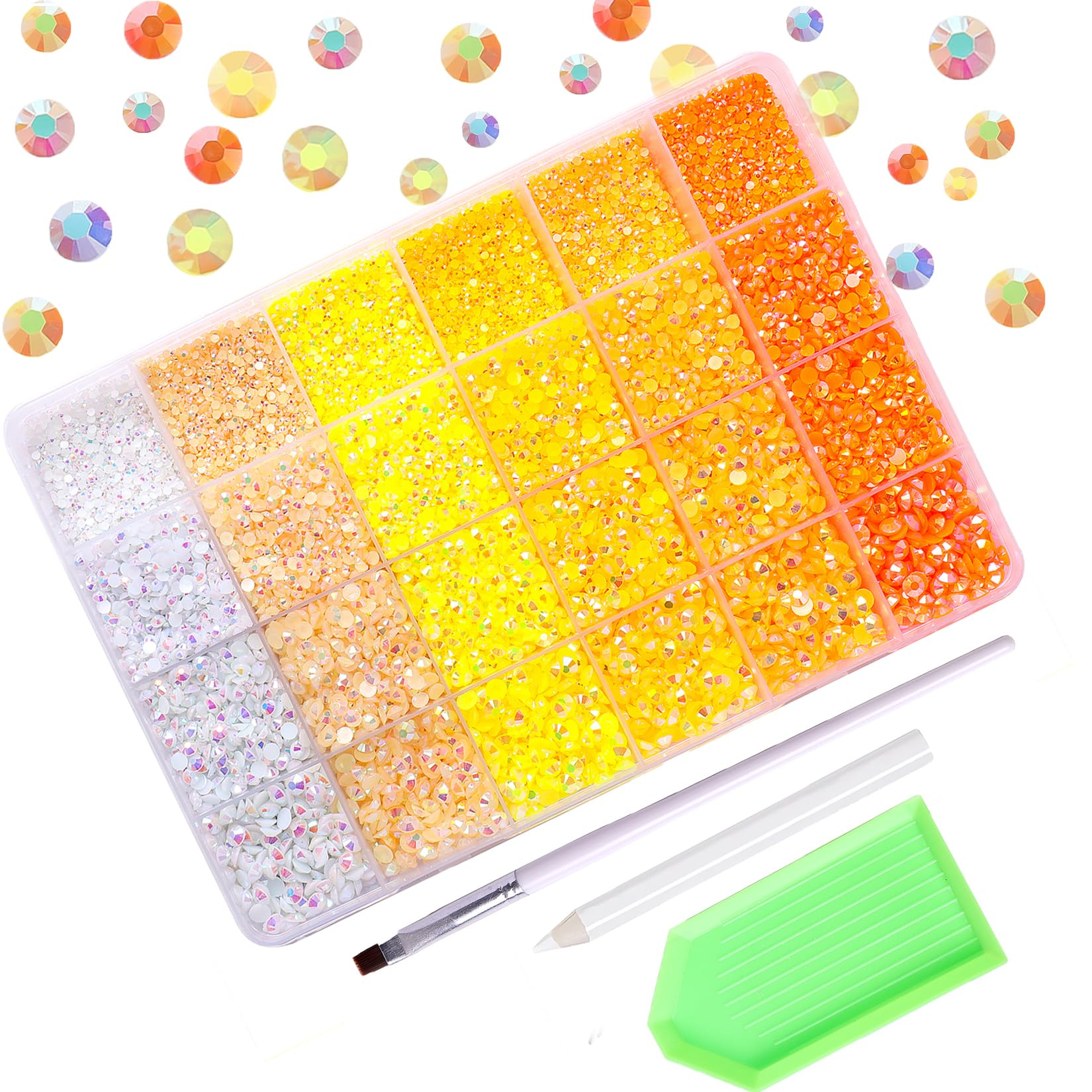 30000PCS Yellow AB Resin Flatback Rhinestones Kit, Jelly Resin Non-Hotfix Rhinestones for Crafts Makeup DIY Decoration Tumblers Nail Art 2mm, 3mm, 4mm, 5mm