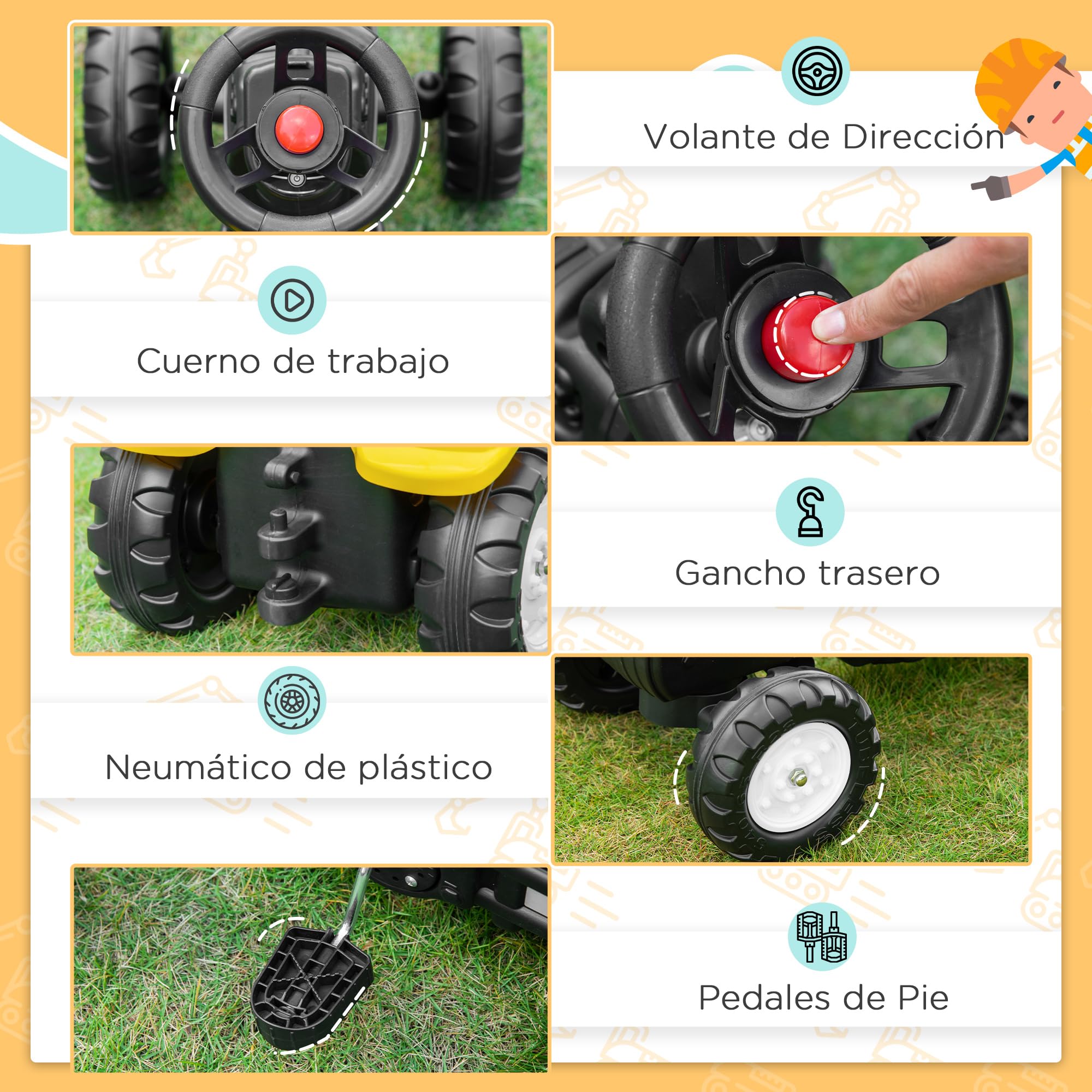 HOMCOM Tractor a Pedales para Niños de +3 Años Excavadora para Niños con Claxon y Pala Delantera Tractor Infantil para Exterior Carga 35kg 107x42x71 cm Amarillo