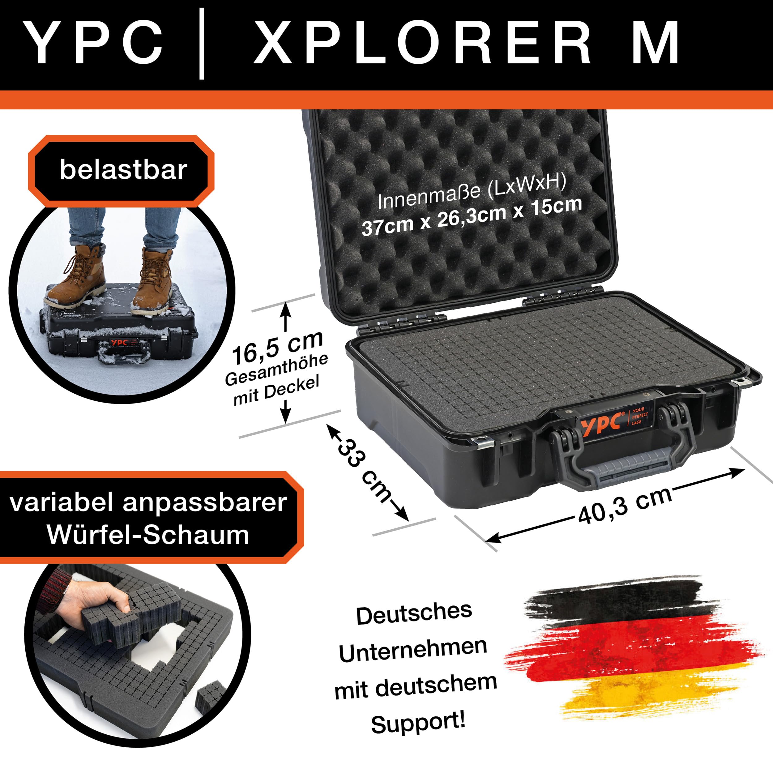 YPC Xplorer Case M – 40 cm x 33 cm x 16,5 cm Outdoor Case, walizka na fotoksiążkę z pianki, wodoszczelna, twarda obudowa, walizka transportowa na drona, możliwość układania w stos