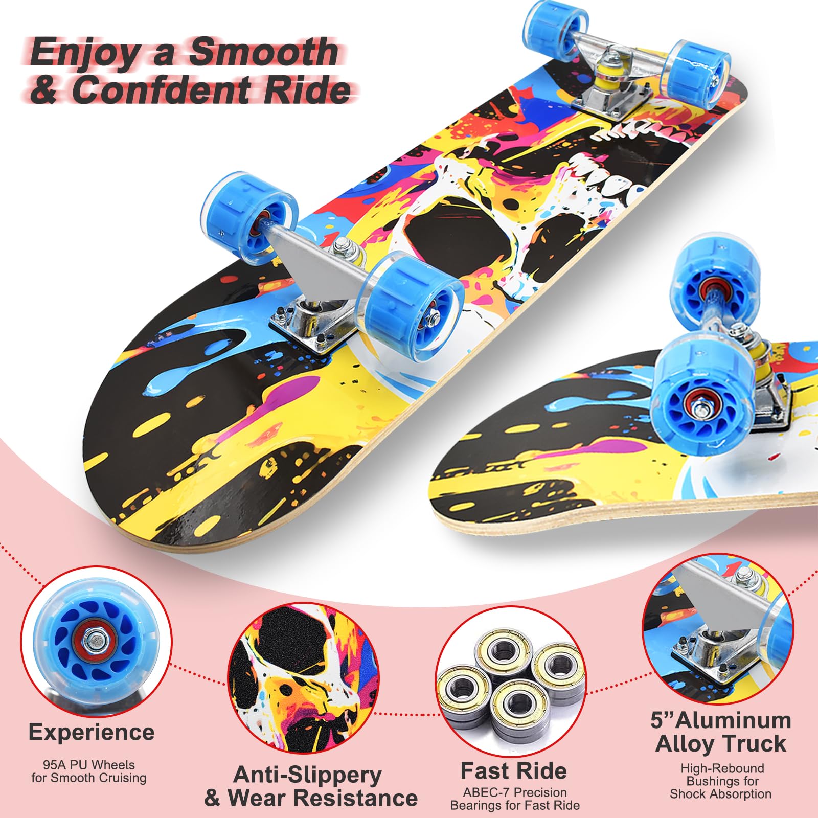 Skateboard standard avec roues clignotantes colorées pour débutants, enfants, adolescents, 7 couches en érable pour filles et garçons, 78,7 x 19,8 cm, double kick concave pour enfants avec