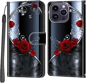 Case Wallet for iPhone 14 Pro Max, Rose Butterfly | Kickstand, 3 Card Holder, Shockproof TPU Interior Shell, PU Leather, Magnetic Flip Cover, Lanyard Strap