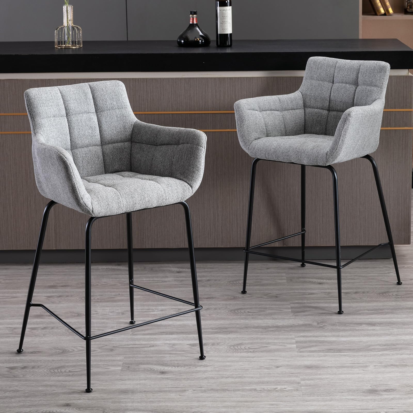 chairus Taburetes de Bar Juego de 2 con Reposabrazos Taburetes de Cocina de Tela Moderno Taburetes Altos de Mostrador con Reposapiés (Gris-2)