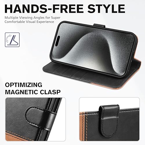 Miniatura 4 de TUCCH Funda tipo cartera para iPhone 15 Pro, bloqueo RFID, 4 ranuras para tarjetas, función atril, funda interior de TPU a prueba de golpes, funda