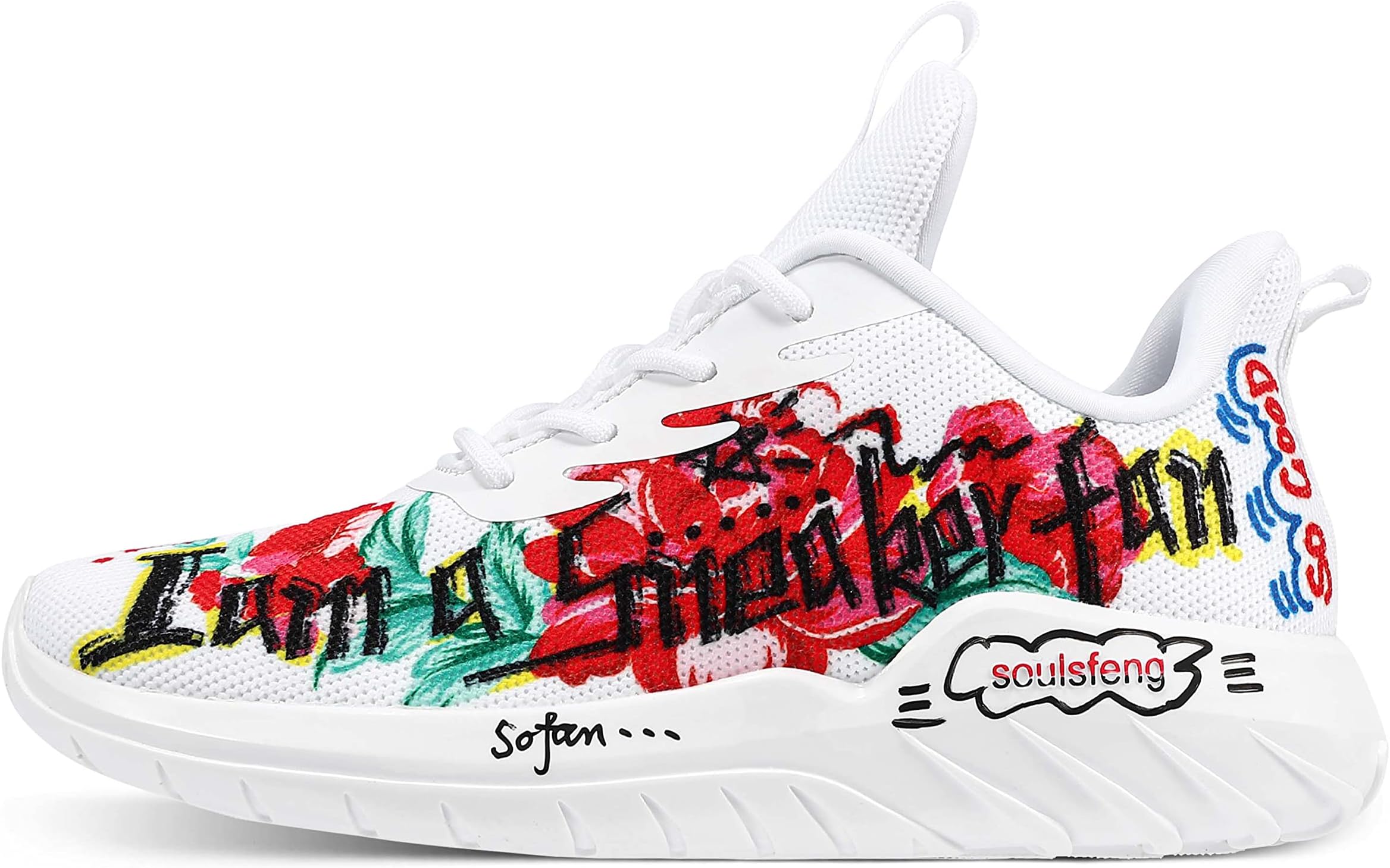 Soulsfeng Mens Running Shoes Sneakers White Flats Low Top Lace Up Hand-Painted Fashion Walking Shoes(US10=EUR44)