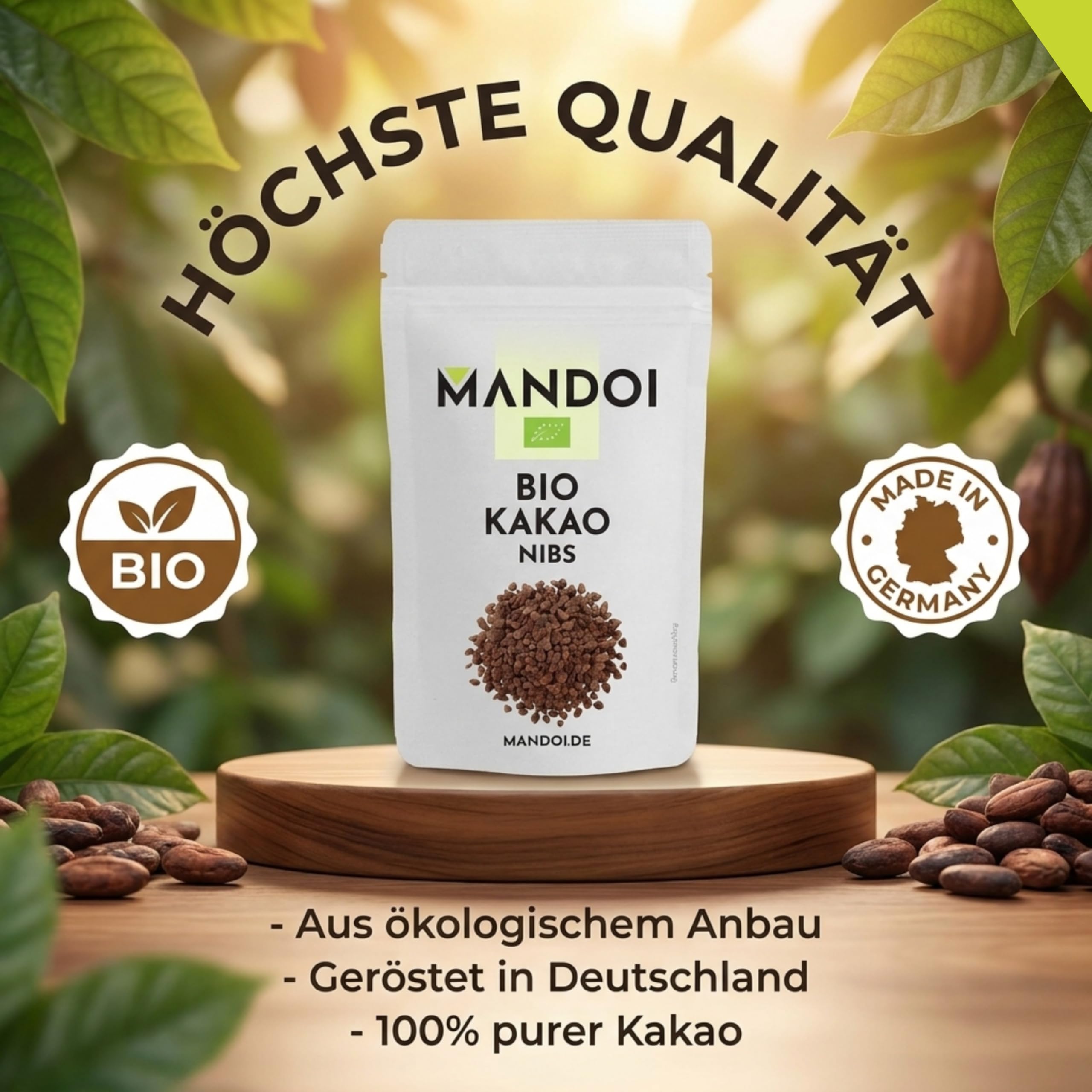 Mandoi Bio Kakaonibs 500g, aus ökologischem Anbau | besonders hochwertige Kakao Nibs, organic cocoa. Als Snack, Müsli oder zum Backen