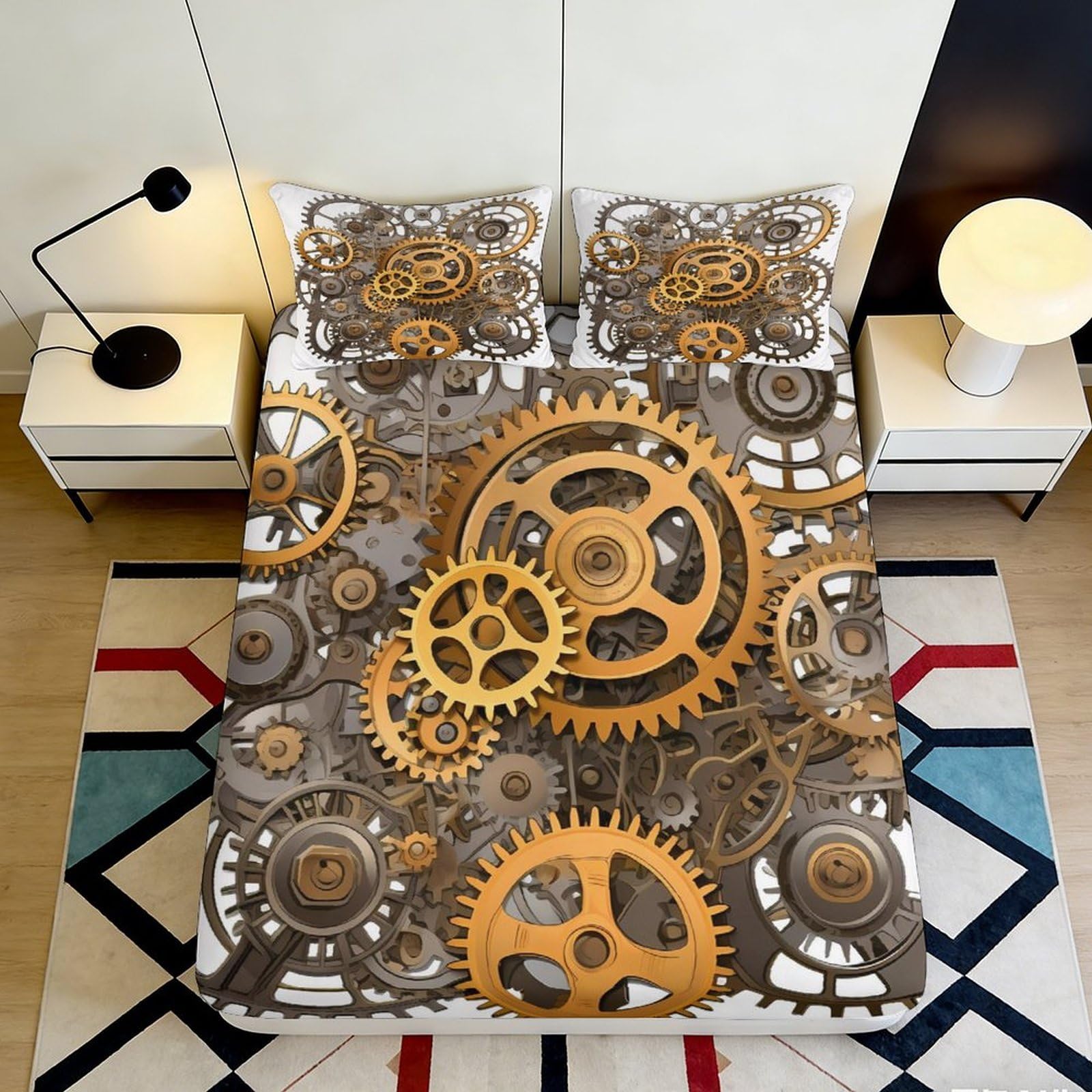 3D Printed Steampunk Gear Fitted Sheet Microfiber Soft Anti-Slip Industrial Clockwork Mattress Cover for Bedroom Decor 120x200x25cm