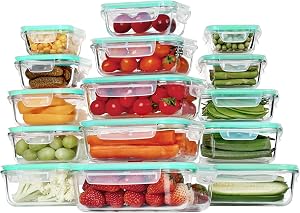 Vtopmart 15 Pack Glass Food Storage Containers, Meal Prep Containers with Lids, Airtight Glass Bento Boxes with Leak Proof Locking Lids, for Microwave, Oven, Freezer and Dishwasher, Green