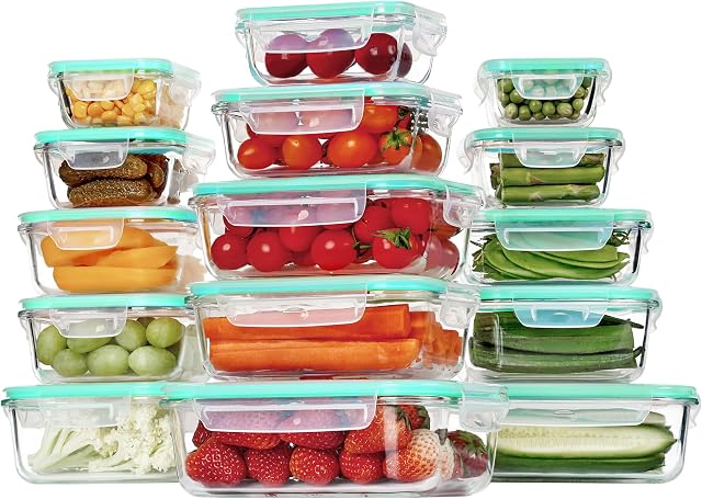Vtopmart 15 Pack de verre de stockage des aliments, les contenants de préparation de repas avec des lids, boîte à bento en verre hermétique avec fuite de preuve des lymphocytes verrouillables, pour micro-ondes, four, congélateur et lave-vaisselle, vert