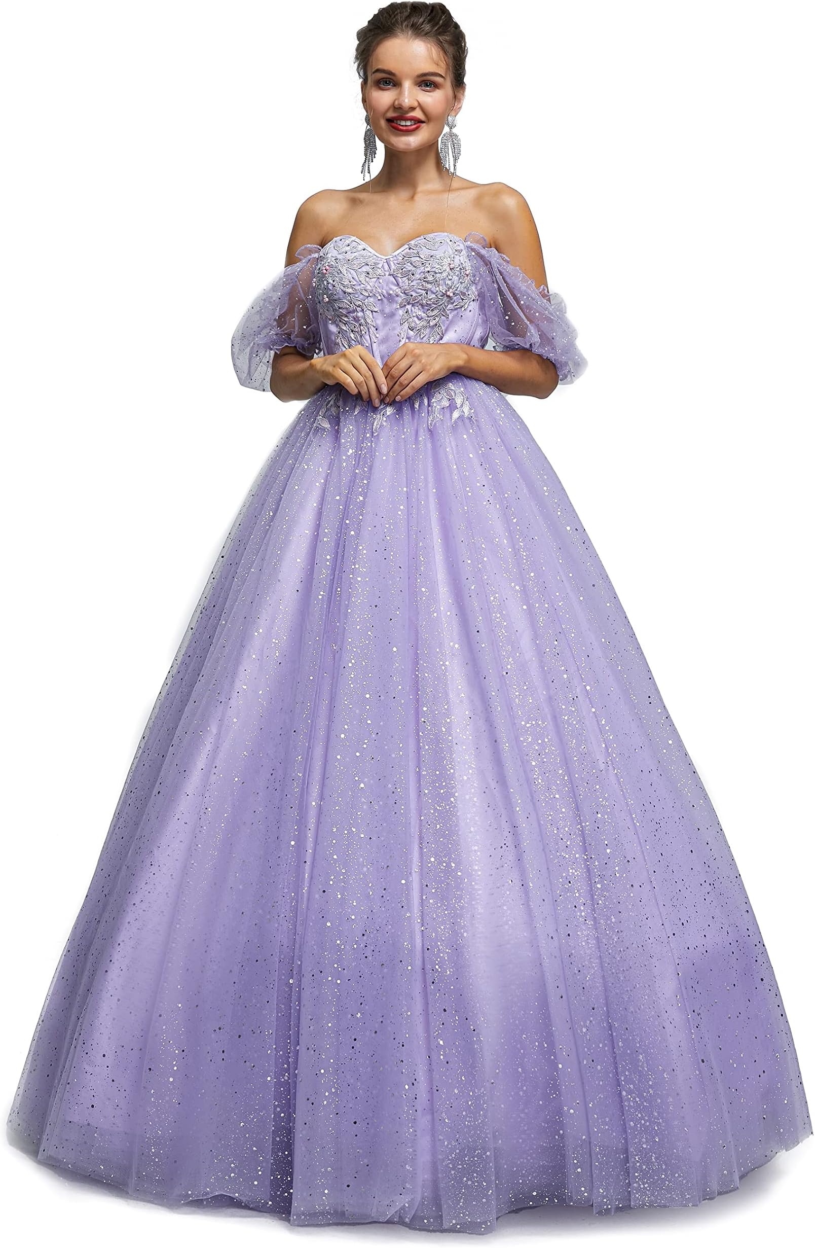 DatangepSequined Pearl Off Shoulder Ball Prom Dress Floor Lenght Tulle Quinceanera Dresses Formal Princess Ball Prom Dress