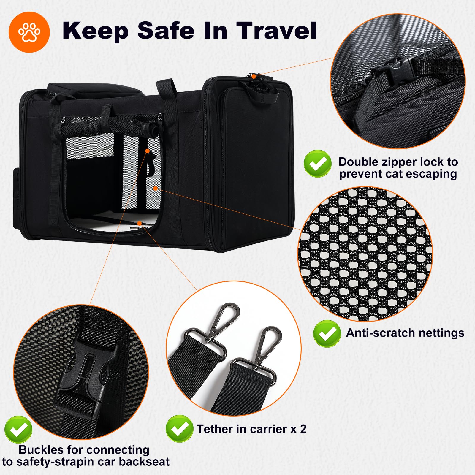 25''(L) x 17''(W) x 17''(H) Extra Large Expandable cat Carrier for car Travel,Soft Crate for 1 Large / 2 Medium Cats up to 35 lbs,Long Road Trip cage with a Leakproof Portable Litter Box - image 6