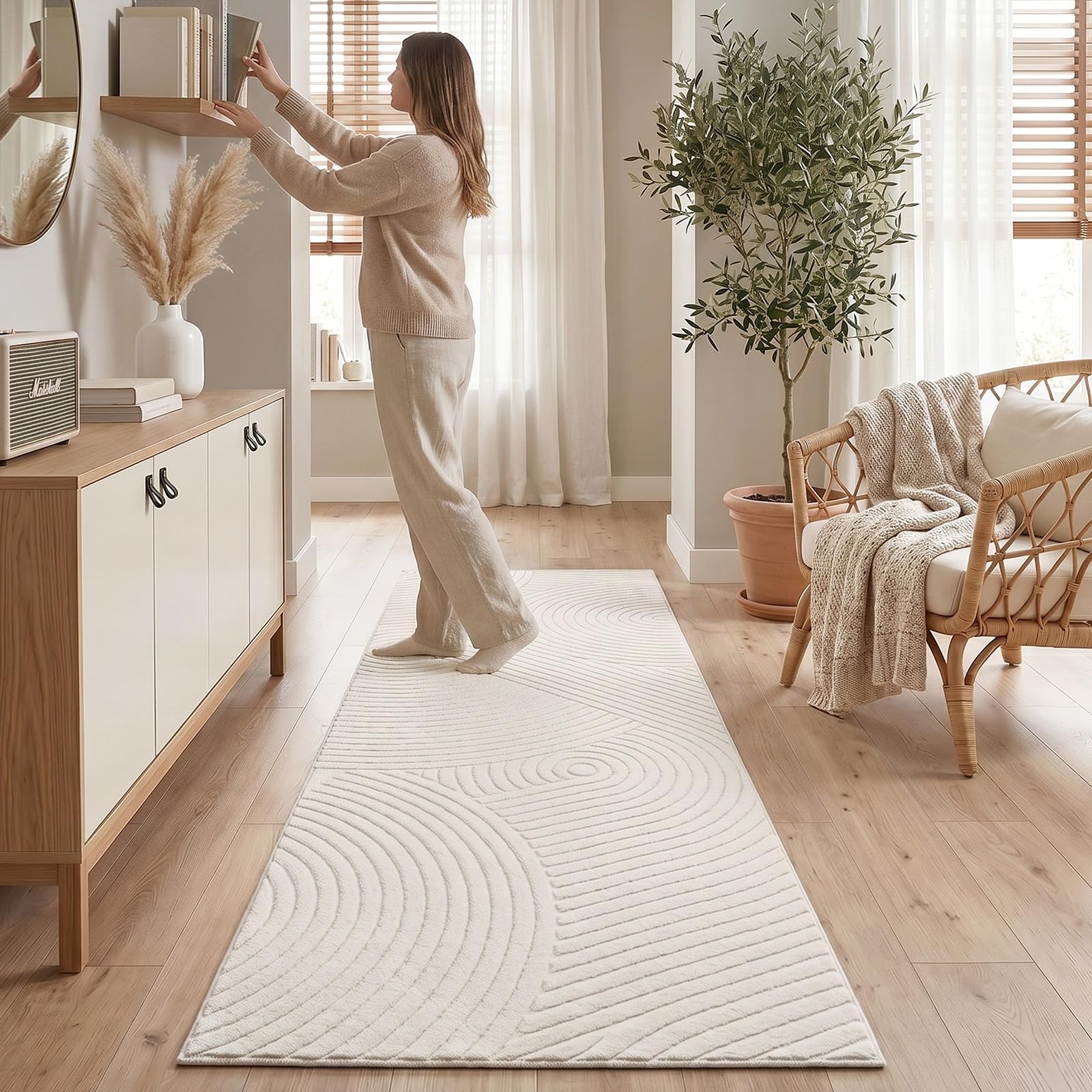SHACOS Teppich Läufer Flur rutschfest, 80 x 300 cm Beige Waschbar Küchenteppich, Modern Kurzflor Teppichläufer für Flur, Küche und Wohnzimmer
