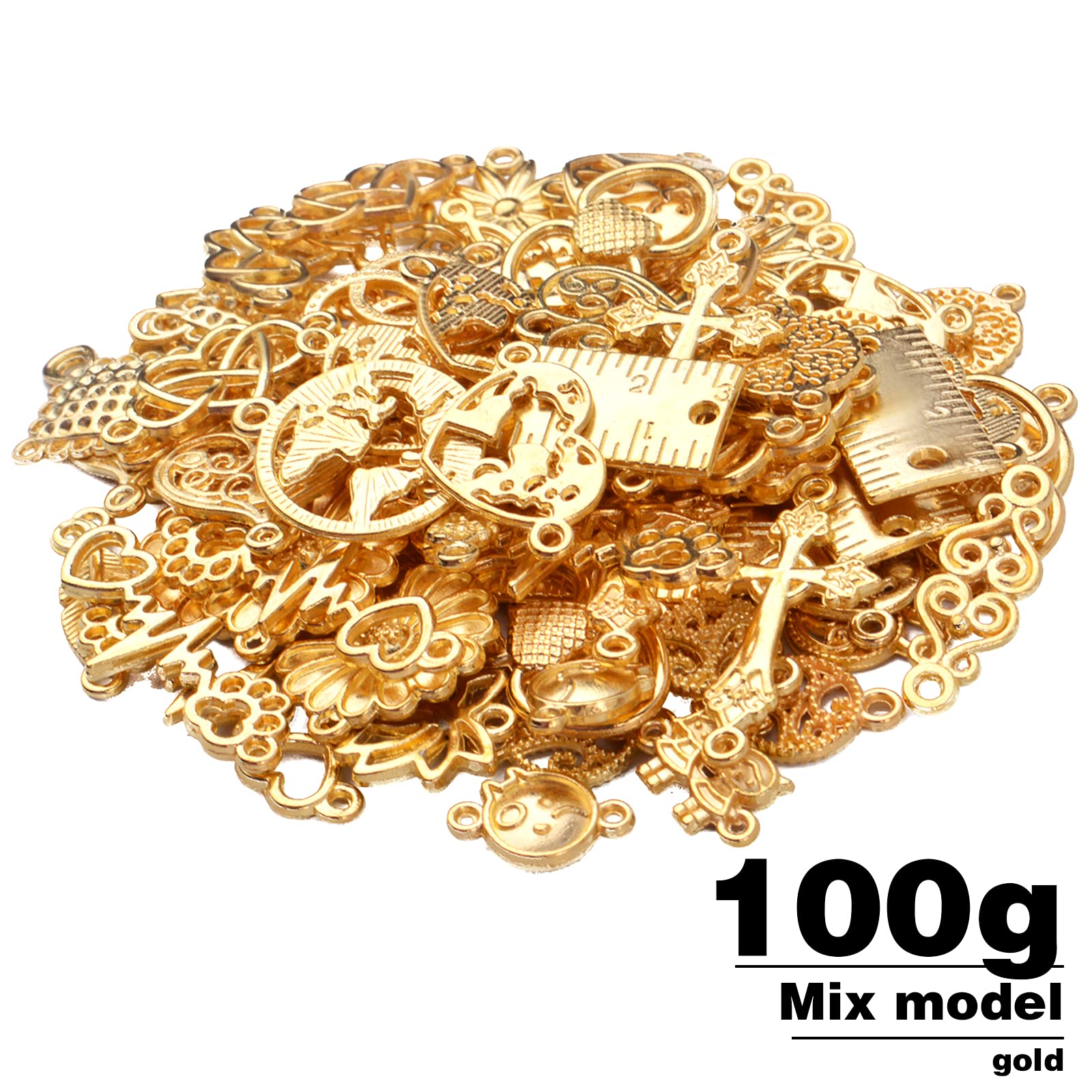 100g Gold Plated Jewelry Charms Connectors, Flower Leaf Heart Round Ruler Charm Pendant Connectors Bracelet Charm Connector for DIY Jewelry Making Accessory
