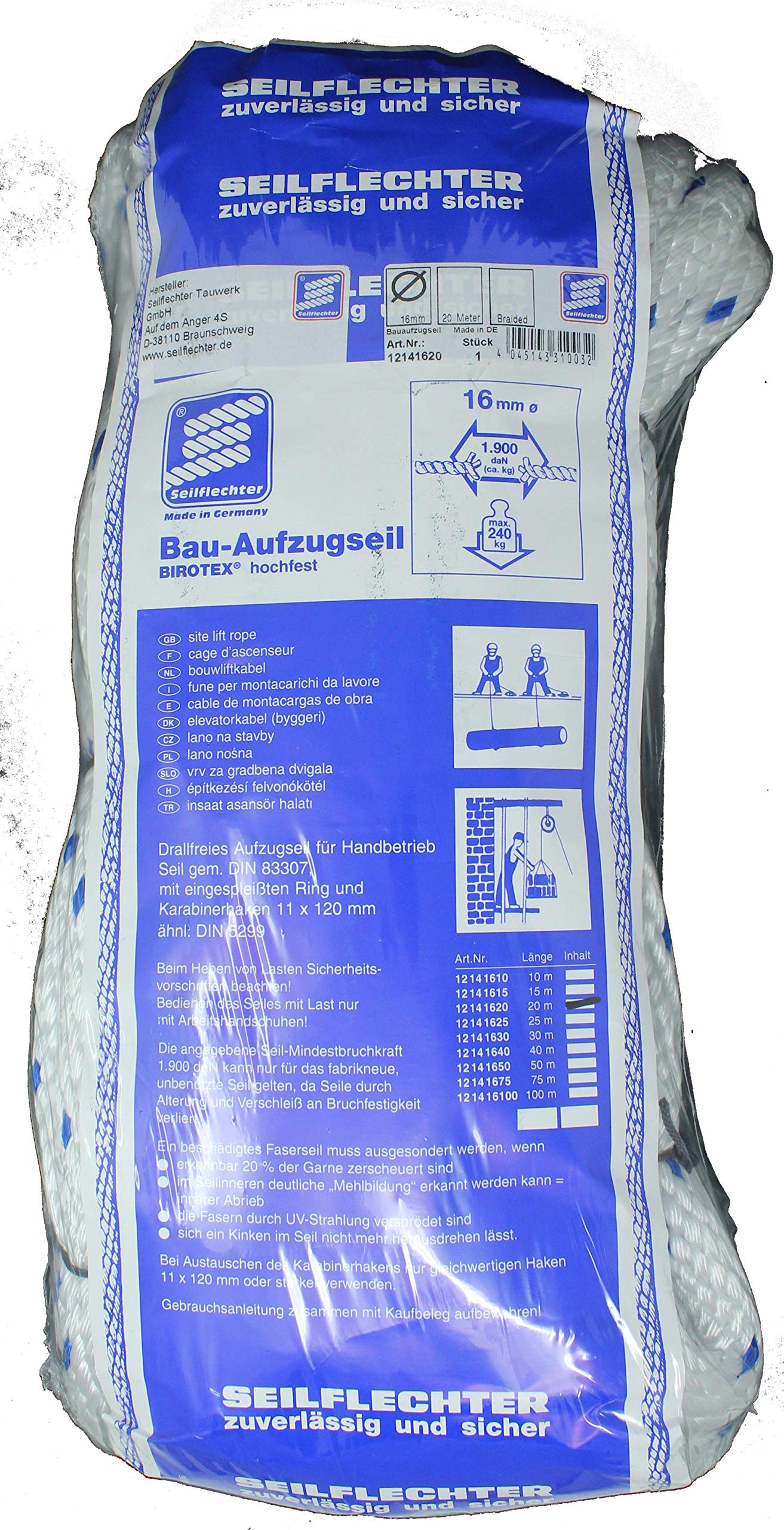 Seilflechter - Bauaufzugseil 20m, Spiral-Birotex mit Ring & Karabinerhaken, Ø 16 mm, Mehrzweckseil für privaten Gebrauch, Handwerk & Industrie
