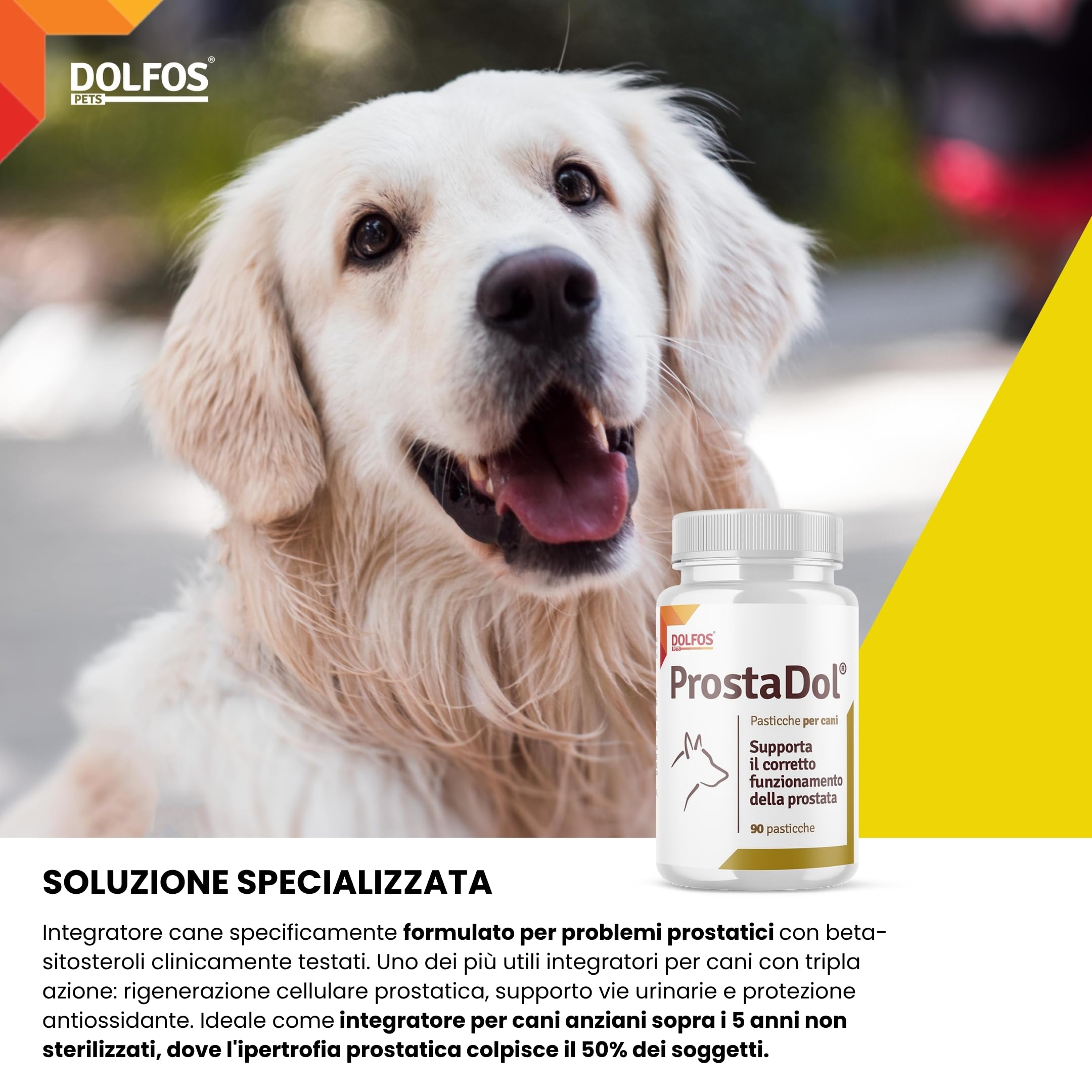 Dolfos Pets Dolvit ProstaDol Integratori per Cane, 90 Compresse, Prostata e Vie Urinarie, con Beta-Sitosteroli e Estratti Naturali, Integratore per Cani Anziani e Adulti