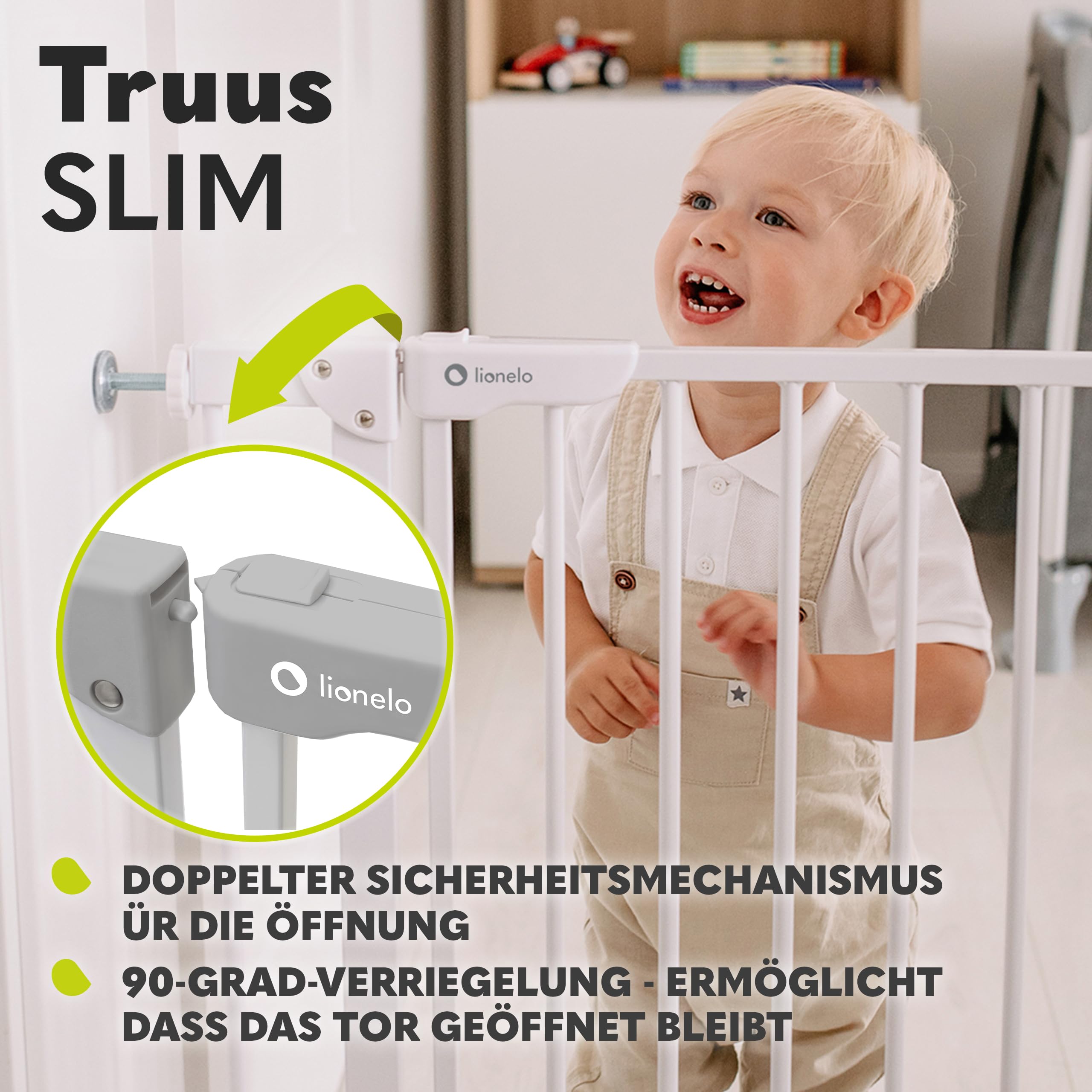 Lionelo Truus Slim Treppenschutzgitter ohne Bohren 75–105 cm | Baby Türschutzgitter mit Erweiterung, Auto Close, Doppelte Sicherung, Beidseitig Öffnend, Niedrige Schwelle