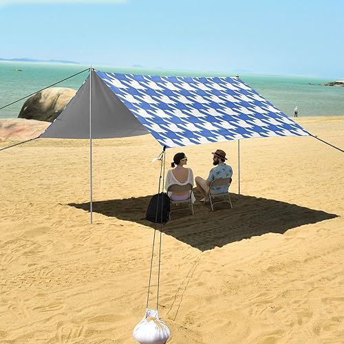 Miniatura 7 de Tienda de campaña de playa clásica con diseño de pata de gallo azul y blanca UPF50, impermeable, sombra con bolsa de transporte para camping,