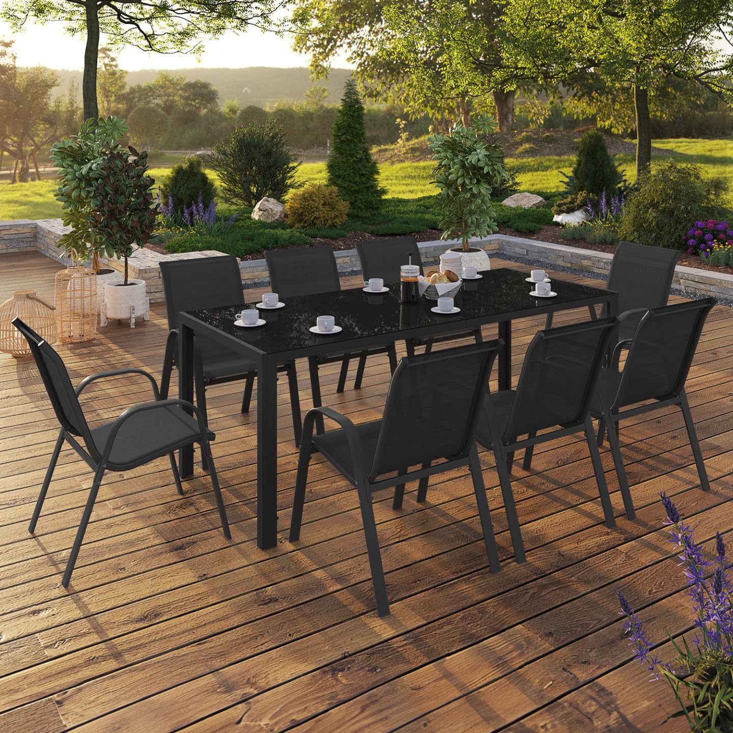IDMarket – Salón de jardín Madrid Mesa 190 CM y 8 sillas apilables negras