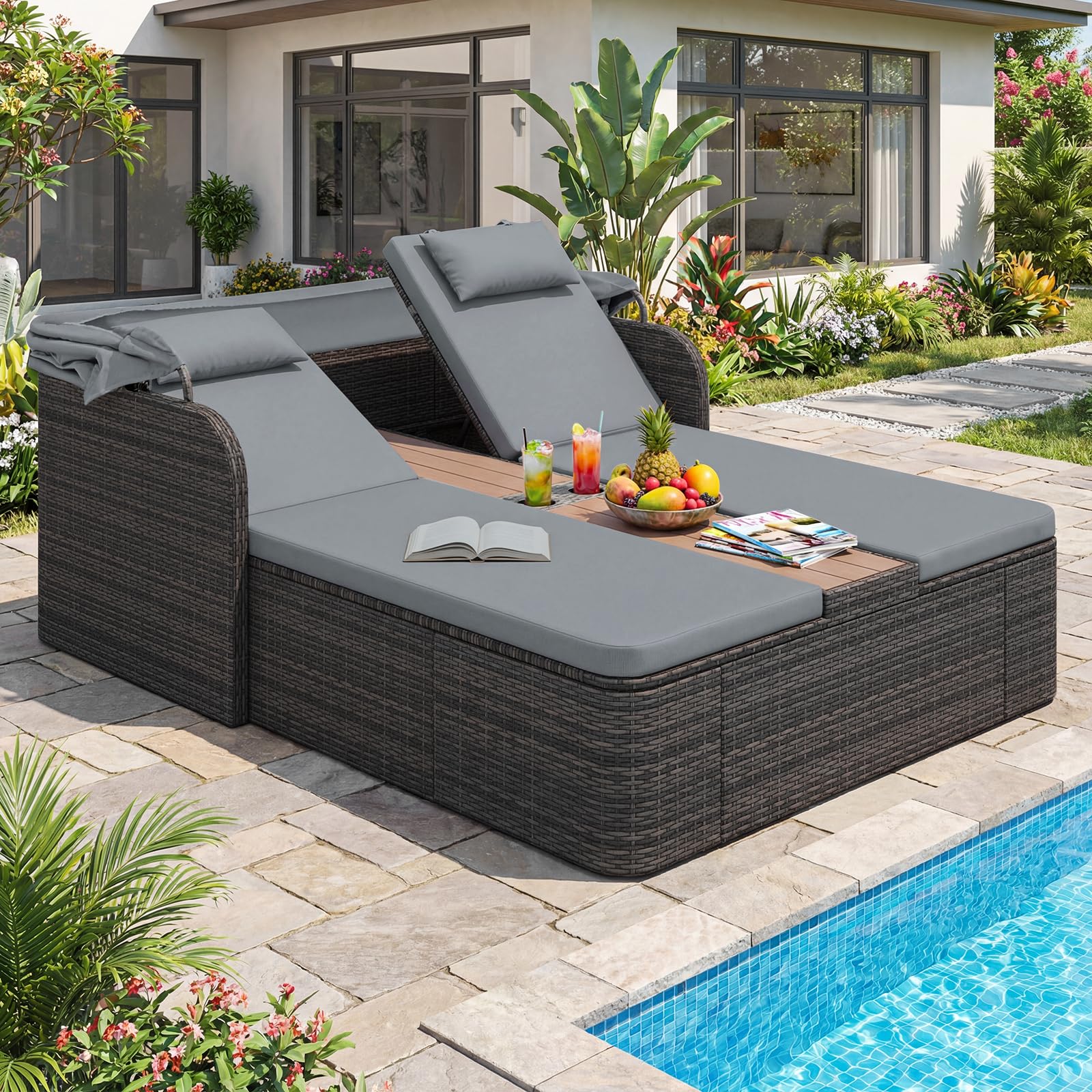 COSTWAY Letto Prendisole Matrimoniale per 2 Persone, Lettino da Giardino in Rattan con Tetto Retrattile e Schienali Regolabili, Isola Prendisole con Tavolino e Portabicchieri per Relax (Grigio)