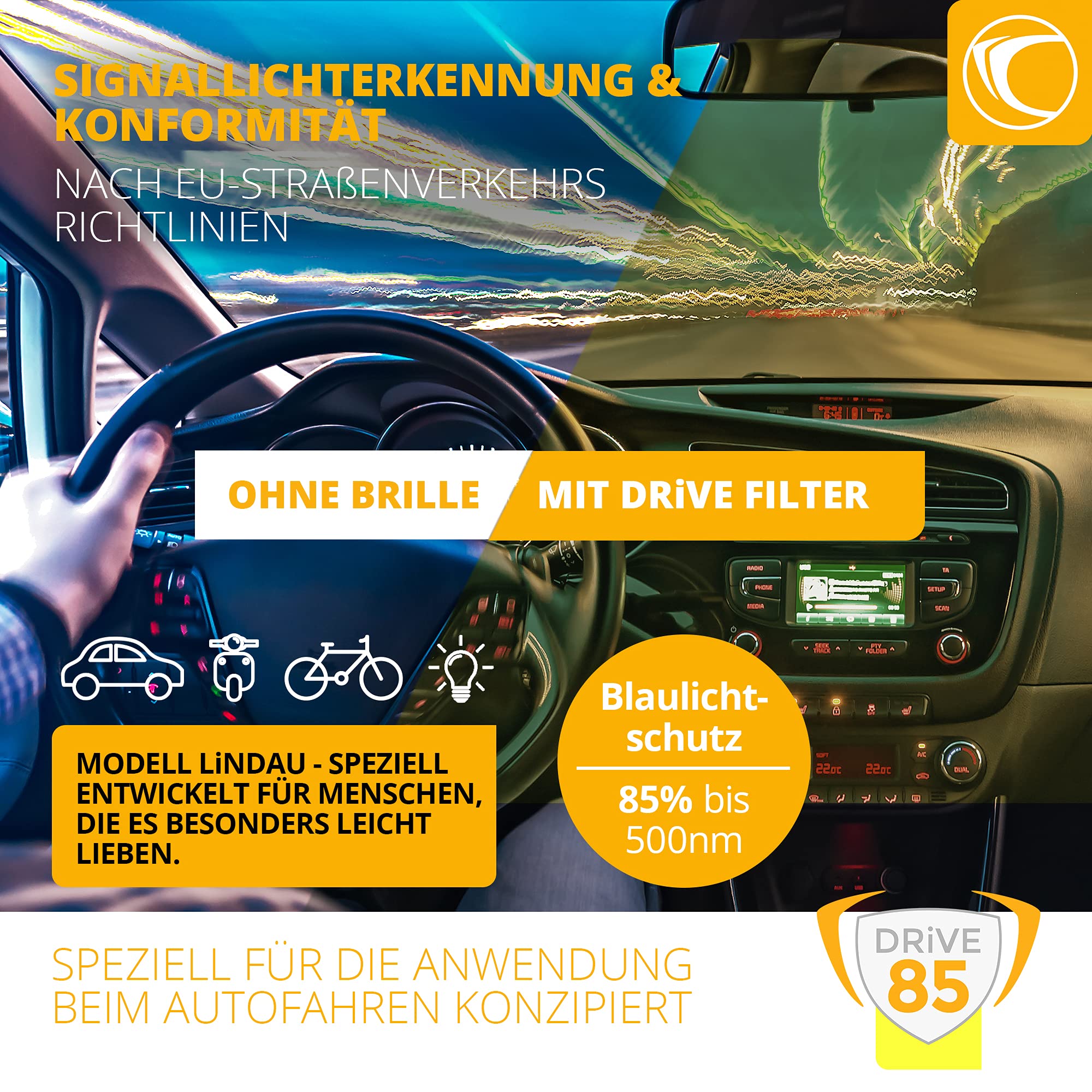 PRiSMA LiNDAU DRiVE85 Occhiali Filtro Luce Blu Occhiali da Auto con Filtro Luce Blu Occhiali con 85% Filtro Blu Giorno e Notte L923D