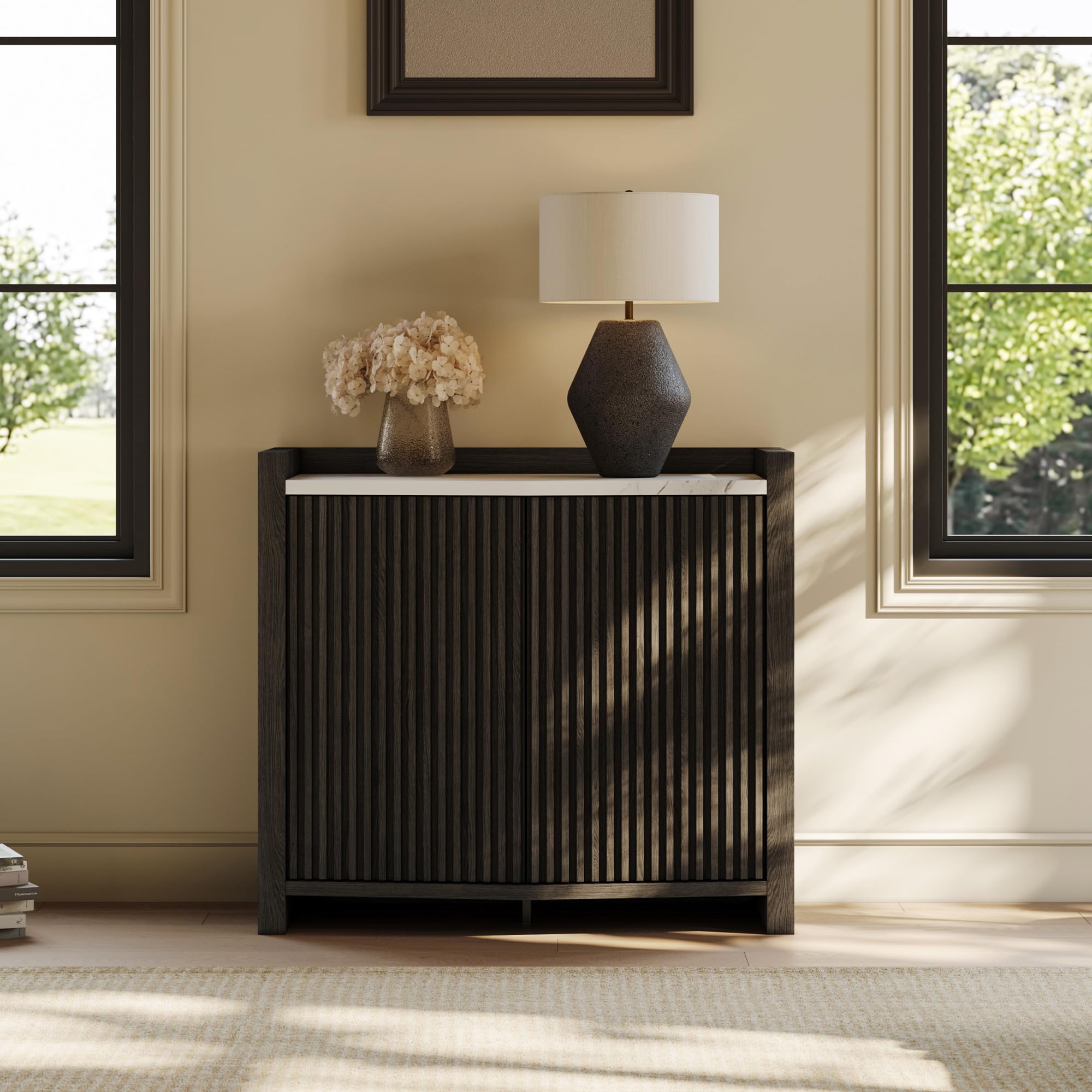 BELLEZE Modular Sideboard Buffet Cabinet with Storage, 35 Inch Modern Credenza with Doors and Adjustable Shelves, Fluted Black Console Table with Faux Marble Panel for Kitchen, Entryway, Dining Room