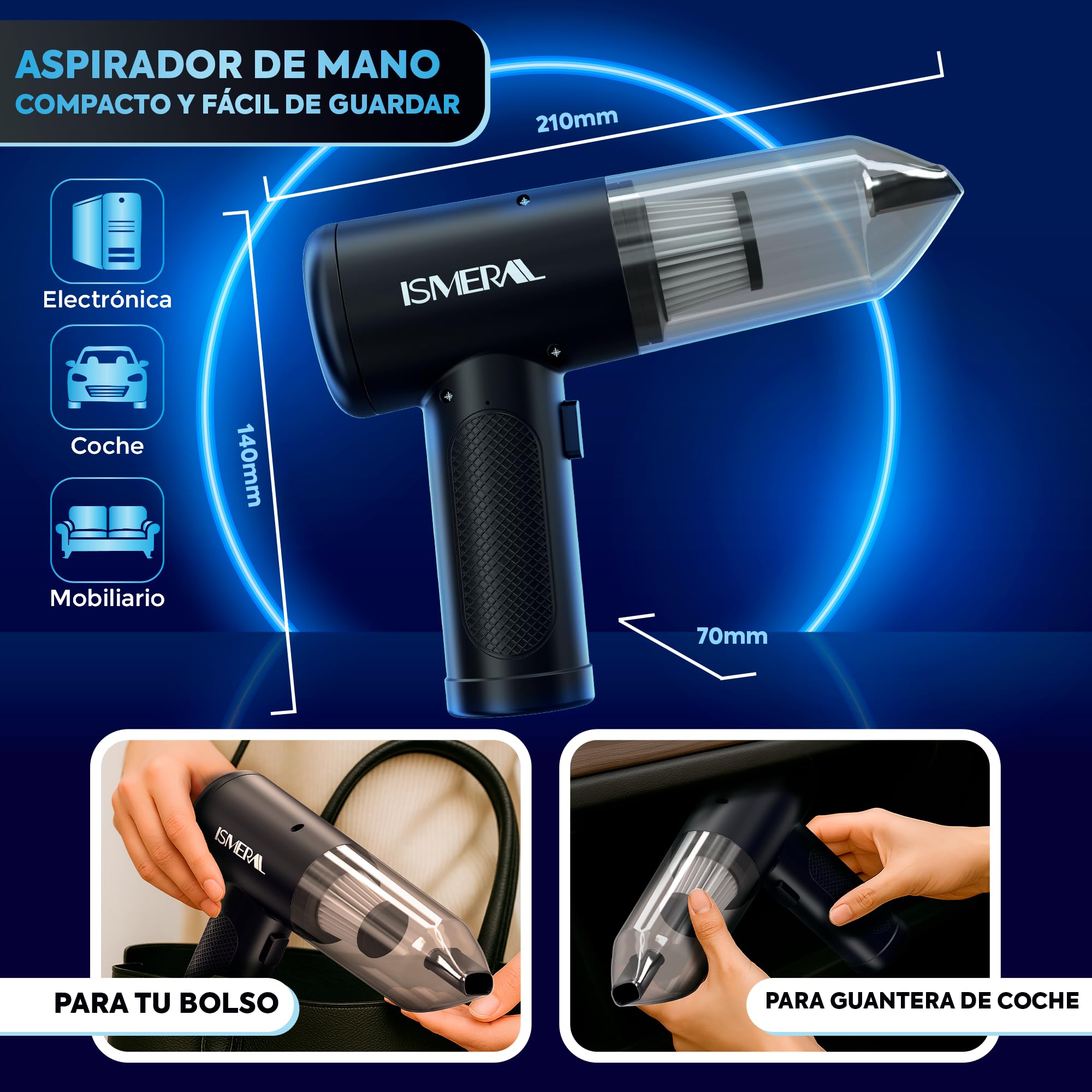 SUPER Aspirador de Mano, 26000Pa , 2 en 1 Soplador- Aspirador coche + 7 boquillas Aspiradora de Mano sin Cable , para Coche Oficina Hogar Cocina Pelo de Mascota, aspirador coche potente recargable