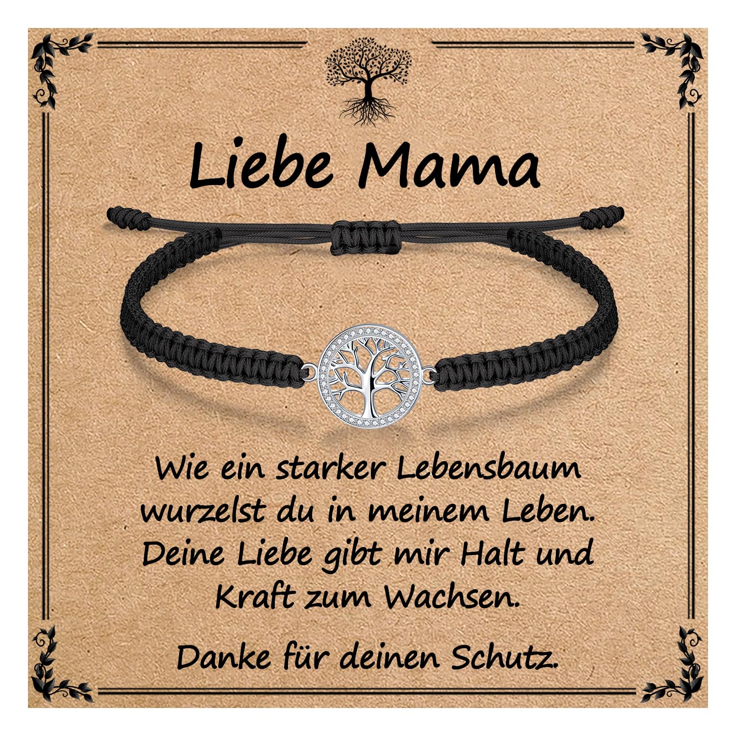 J.Endéar Lebensbaum Armband für Frauen Mädchen Geschenk mit Segenskarte | 925 Sterling Silber, Cubic Zirkonia & Geflochtene Kordel | Geschenk für Geburtstags, Weihnachtstag, Motivations