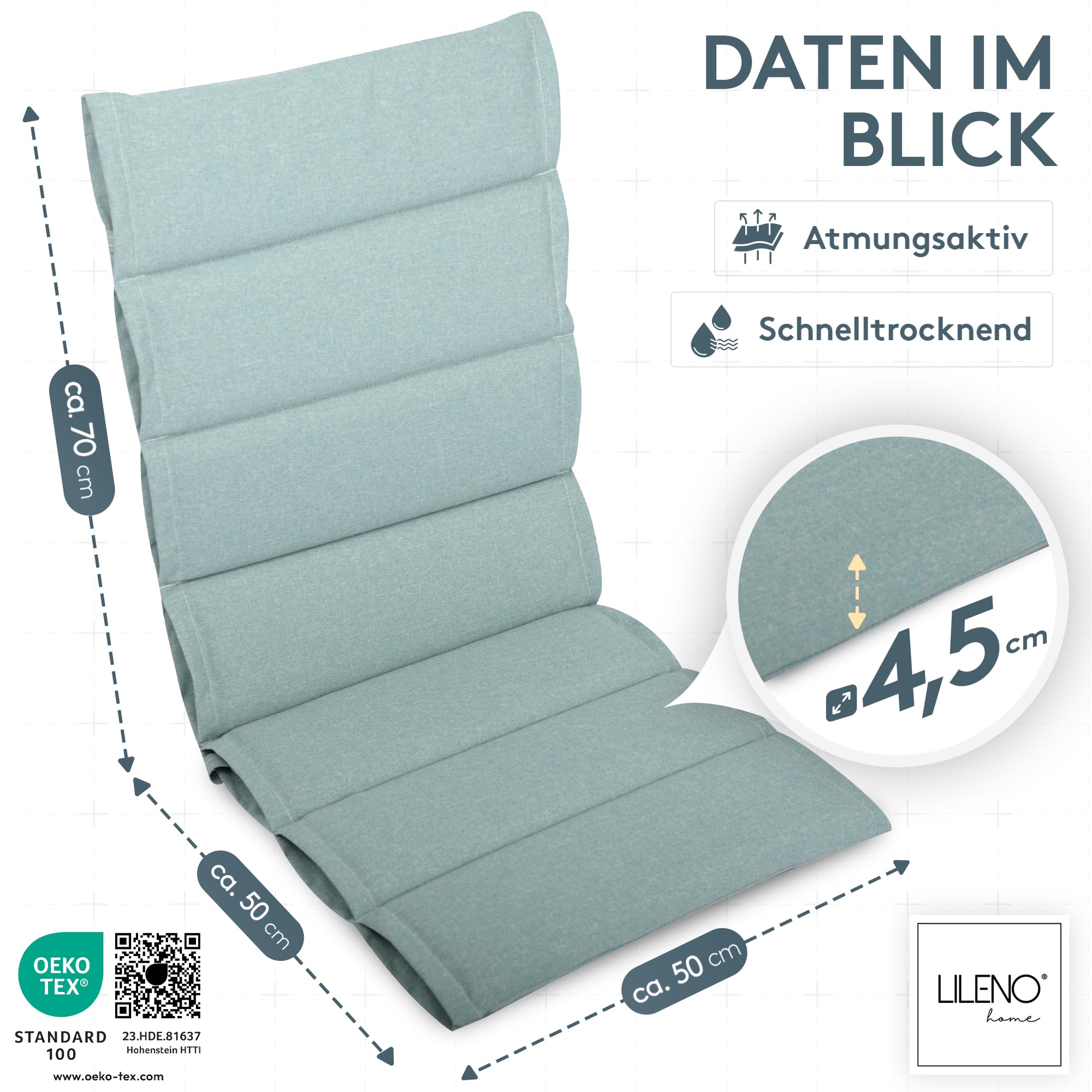 LILENO HOME Gartenstuhl Auflagen als [2er Set - Hochlehner] in Petrol - Bequeme Liegen als Sitzauflagen für Gartenmöbel - Stuhlkissen für Gartenstühle und Klappstühle
