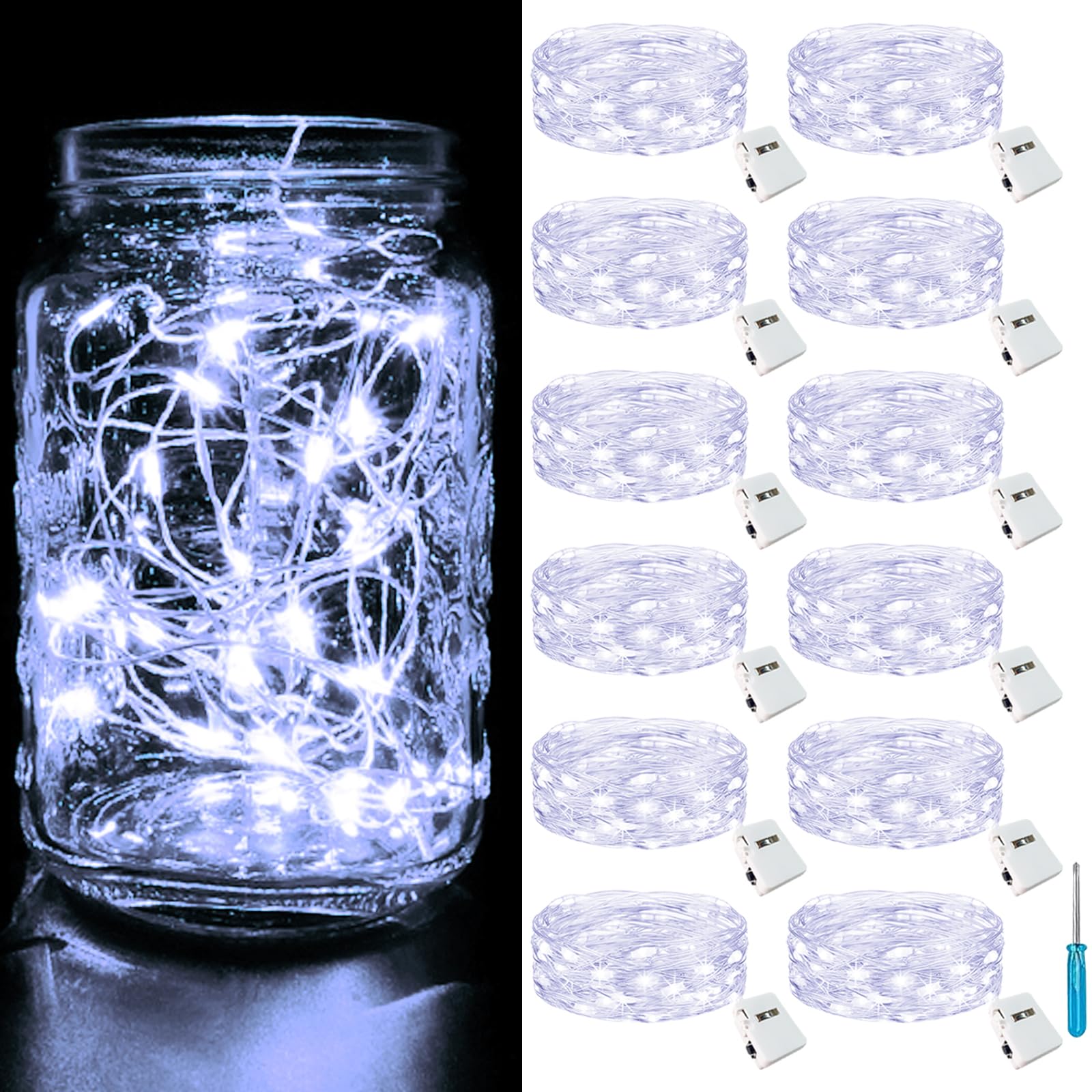 12 Pack-3 Modes Fairy Lights Battery Operated, 2M 20LED Small String Lights Battery Powered IP65 Waterproof Silver Wire Mini Fairy Lights Indoor Outdoor for Jars, Christmas, Party, Cool White