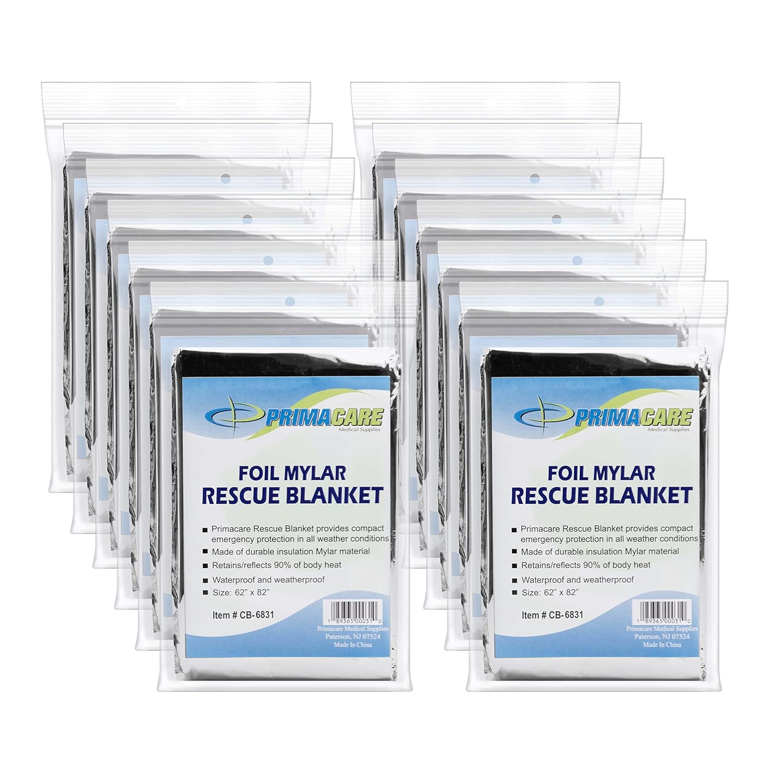 Primacare CSCB-6831-CS Emergency Mylar Thermal Foil Blanket, 16 Packs of 12= 192 Units, Silver