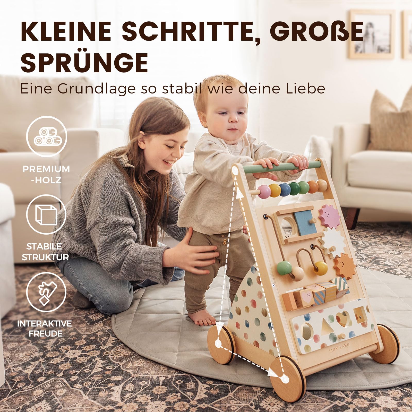 Tiny Land Lauflernwagen Holz Baby Walker - Lauflernhilfe ab 1 Jahr | Laufwagen mit Bremse & Einstellbarer Geschwindigkeit für Jungen & Mädchen, Gehhilfe und Baby Aktivitätscenter