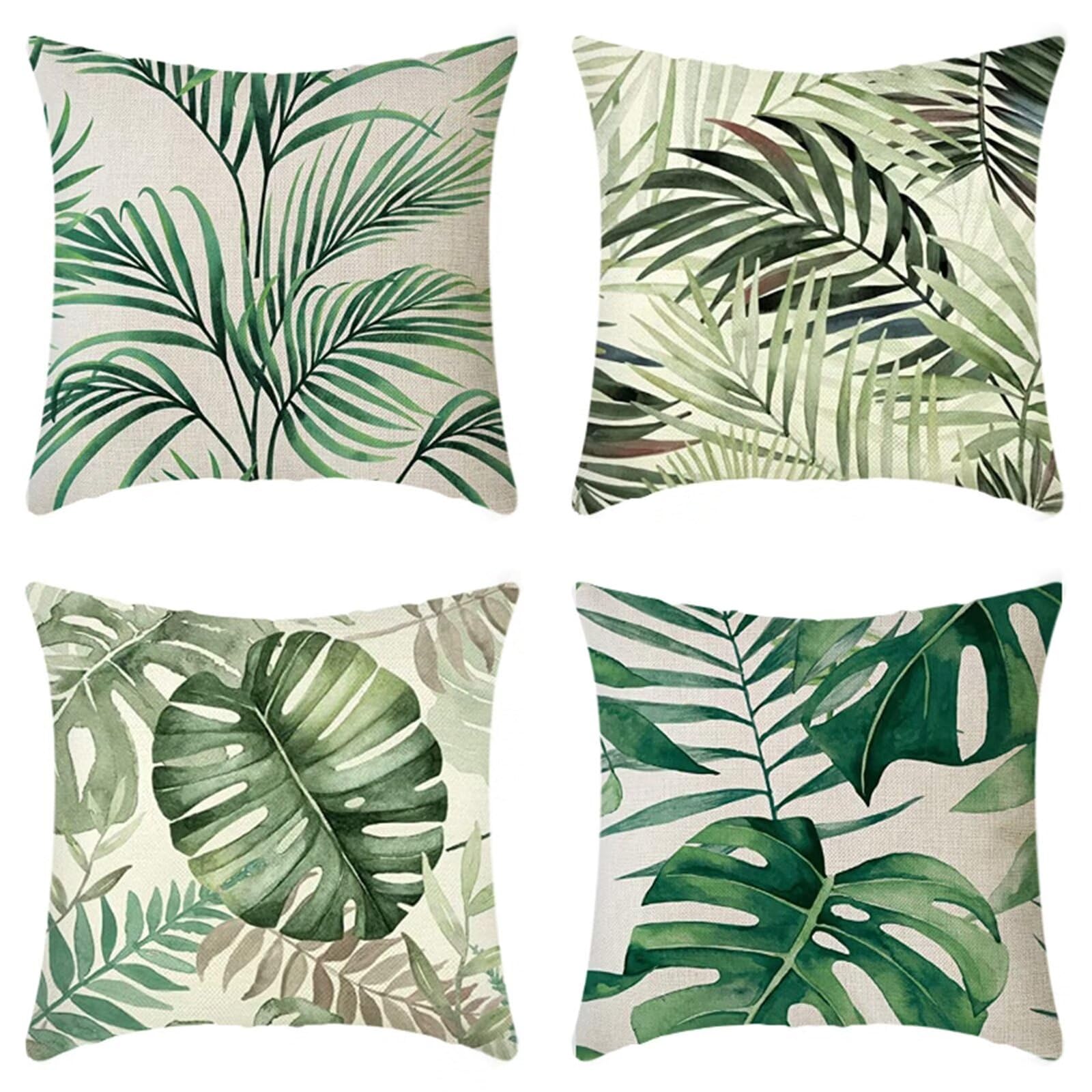 Zoulile Linen Cushion Covers 40Cm X 40Cm Set Of 4 Green Cushions Leaf Outdoor Cushions Garden Cushions Square Sofa Cushion Covers Decorative Pillow Throw Pillows For Couch Livingroom Office Home Decor Gifts