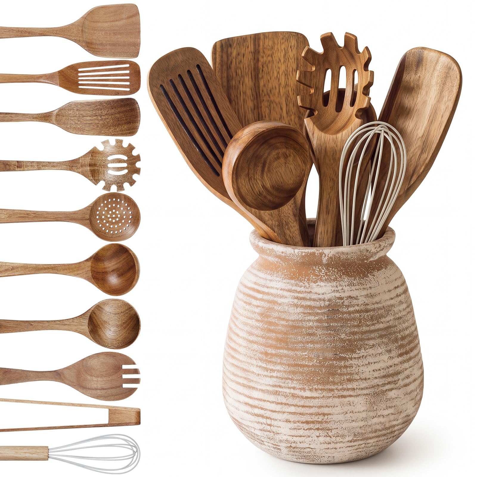 SiliFine 11 Pcs Cottage Kitchen Utensil Set with Ceramic Crock, All in one