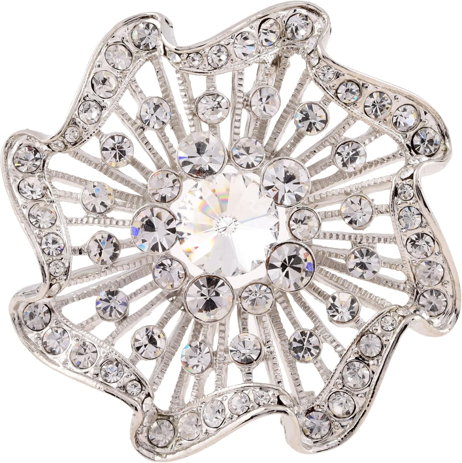 Lisa Hsieh Victorian Bridal Rhinestone Floral Silver Brooch