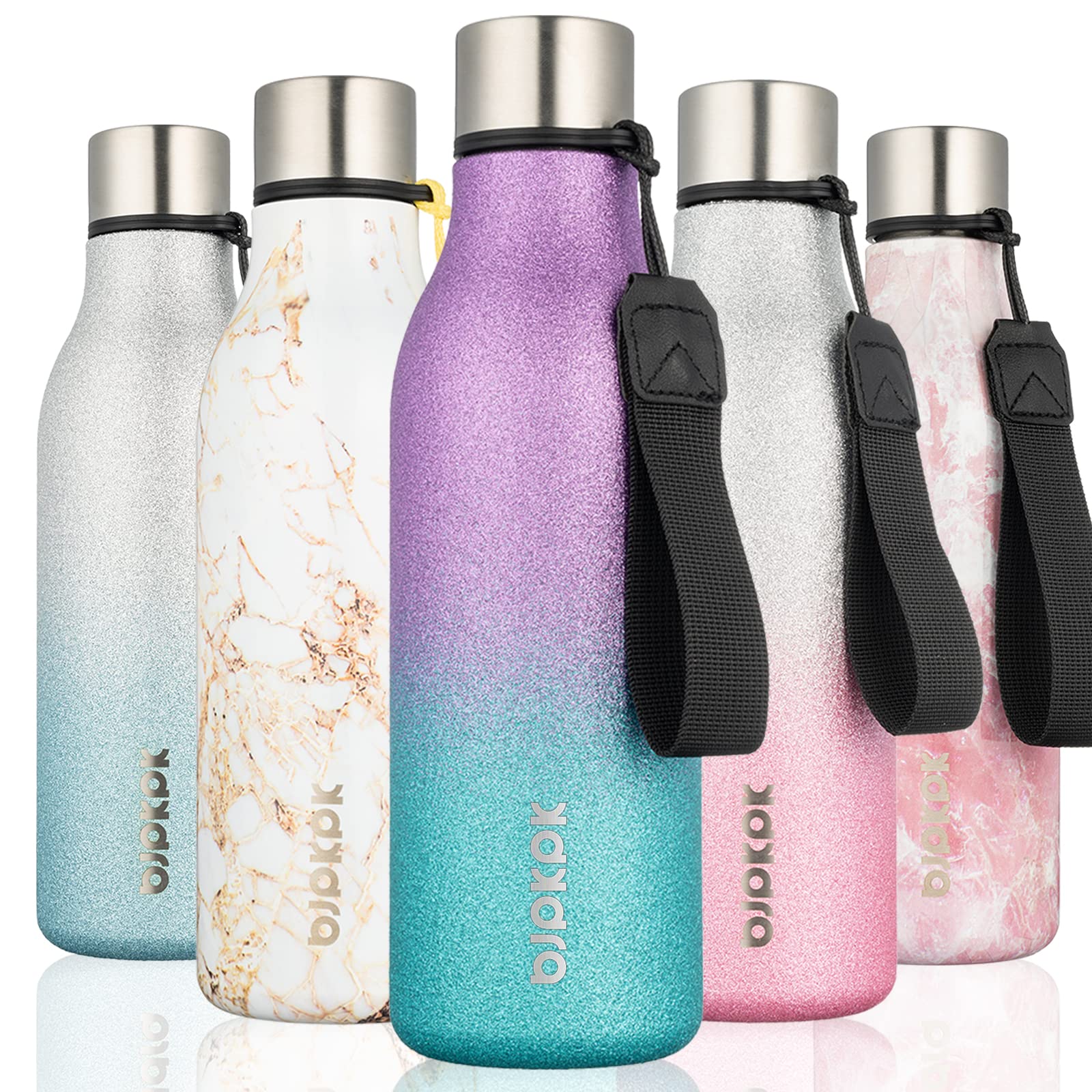BJPKPK 18oz Insulated Water Bottle, Stainless Steel Bottle with Carry Strap | Keep Cold &amp; Hot Vacuum Insulation, Leak-Proof BPA-Free Design, Slim Bottle Fits Most Cup Holders for Gym, Office &amp; Travel