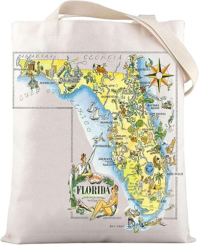 LEVLO Divertido mapa del estado de Florida bolsa de lona Florida viaje recuerdo regalo 1940's Florida Cartoon Illustration Shoulder Bag