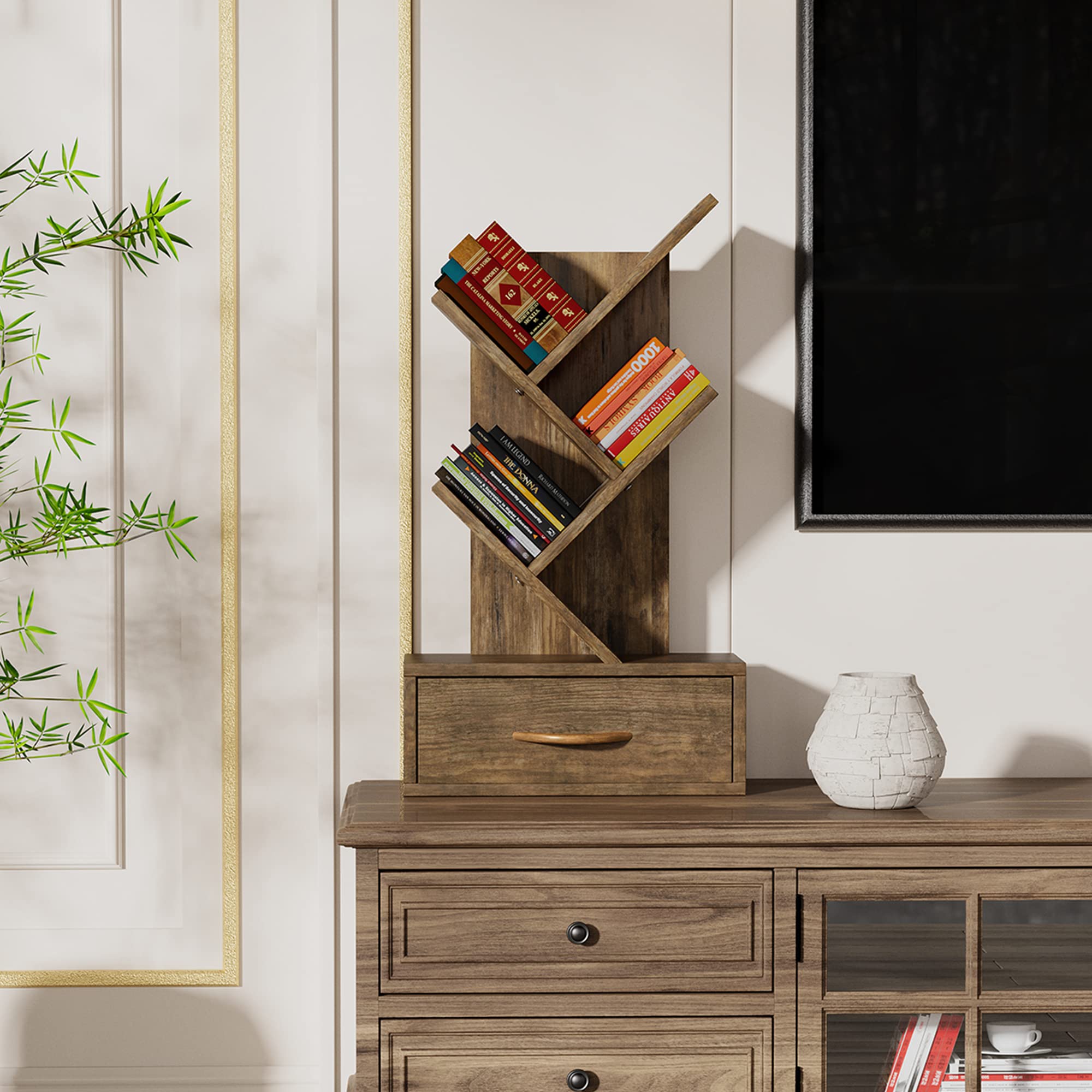 YITAHOME Desk Storage Bookshelf, Upgraded Bookcase with Drawers, Countertop Wooden Display Storage Rack for Home Office, Living Room, Study Room, Rustic Brown Book shelves