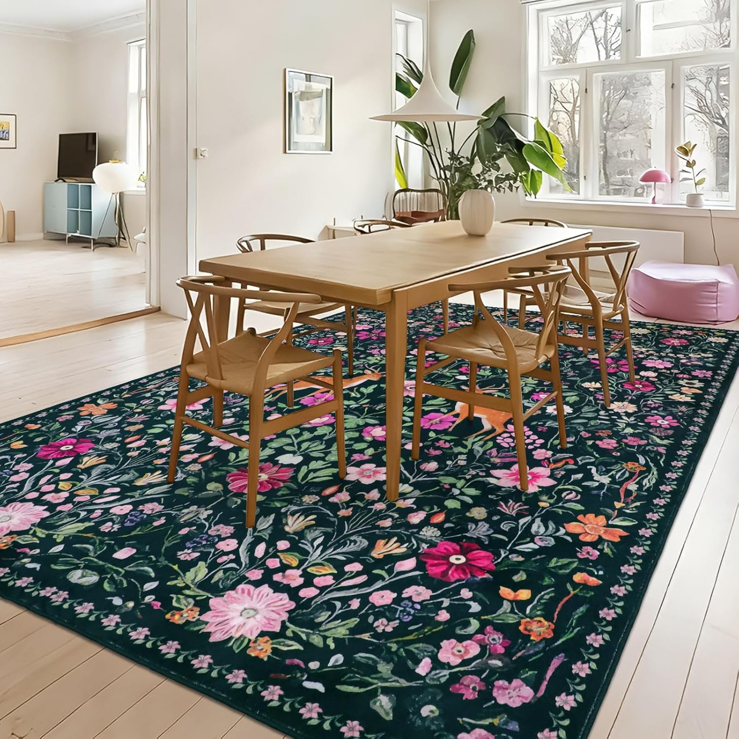 Washable Rug for Living Room 5x7, Floral Area Rugs Dark Green for Bedroom Low Pile Boho Living Room Area Rug for Office Dining Room Home Indoor Decor