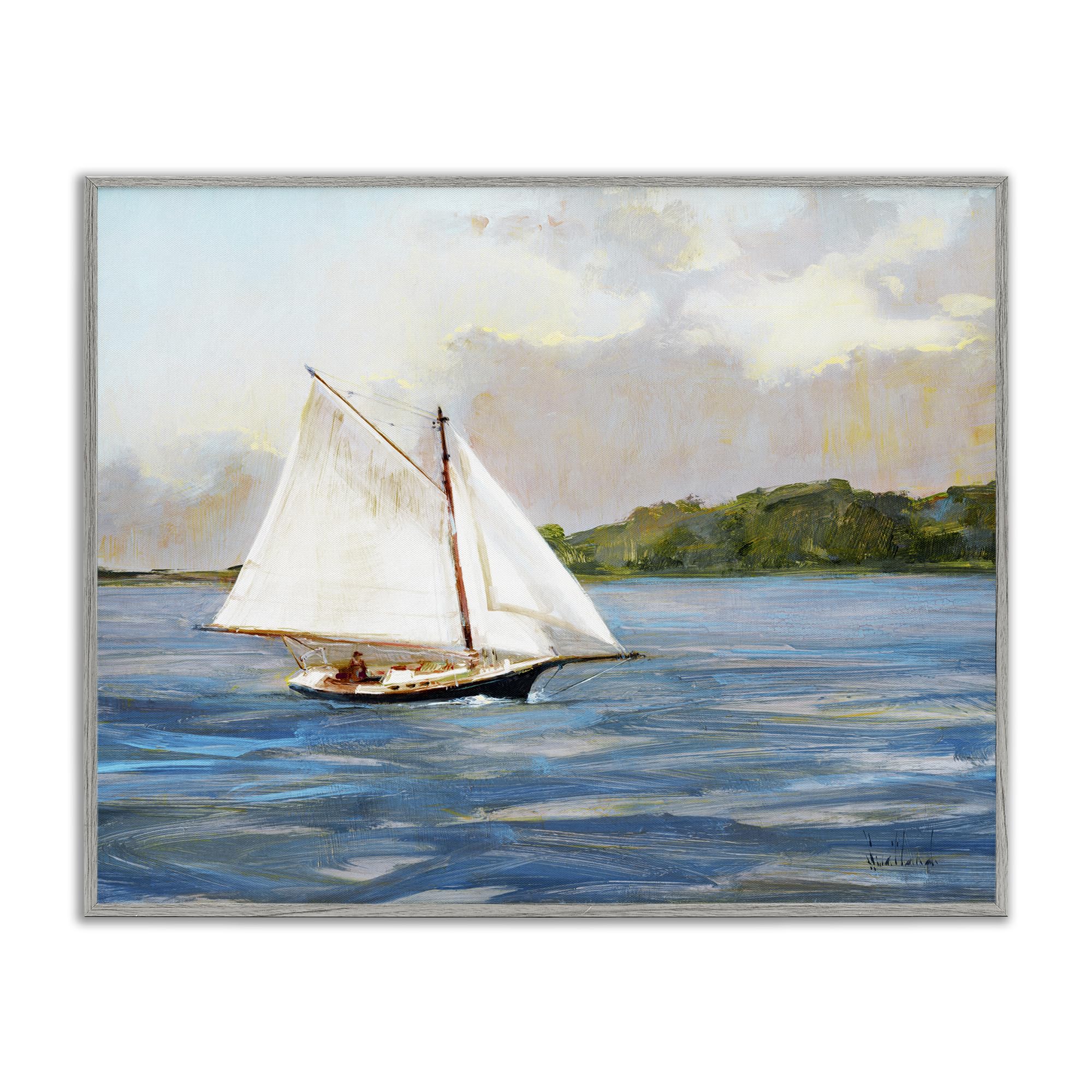 Stupell Industries Farmhouse Gray (Textured) 'White Sailboat On Calm Blue Sea'| Framed Giclee Art