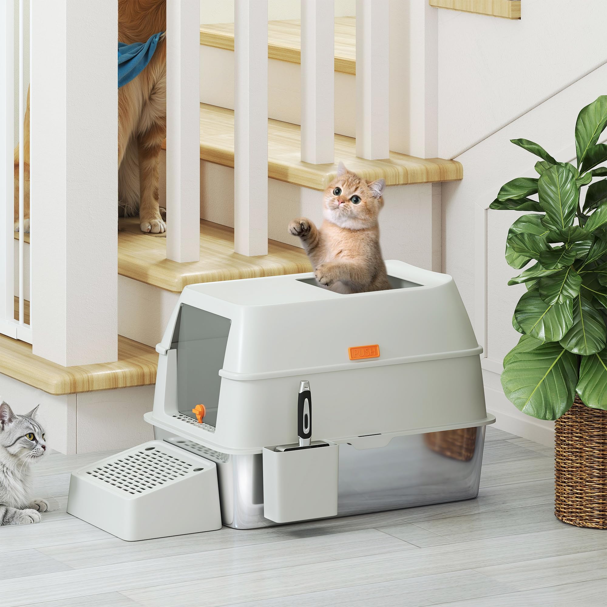 PawHut Arenero para Gatos Cubierto de Acero con Paso de Salida Gris Claro | Caja de Arena para Gatos, Pala de Acero