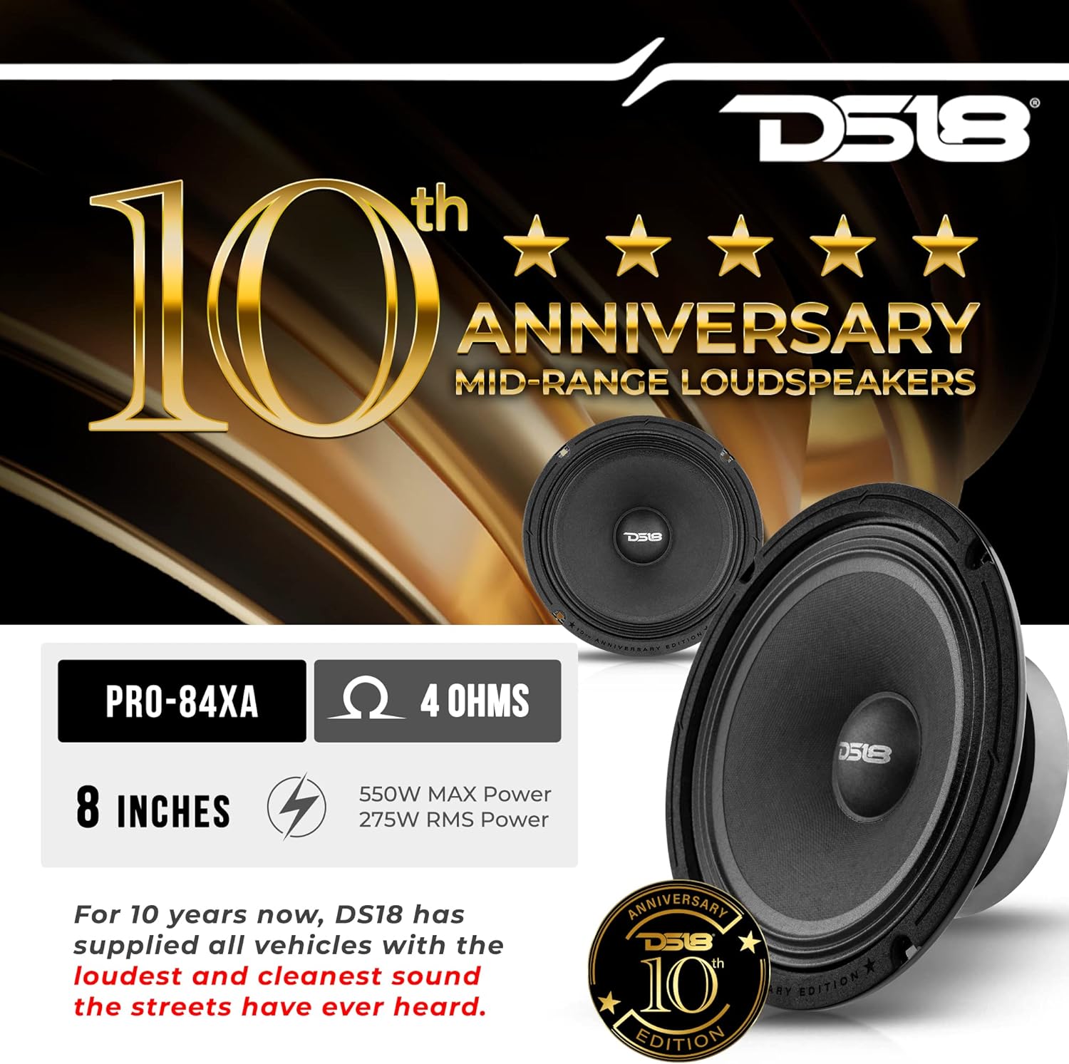 DS18 PRO-84XA 8” Special Edition 10th Anniversary Mid-Bass Loudspeaker 550 Watts Max 4-Ohms - Door Speakers for Car or Truck Stereo Sound System - 1 Speaker