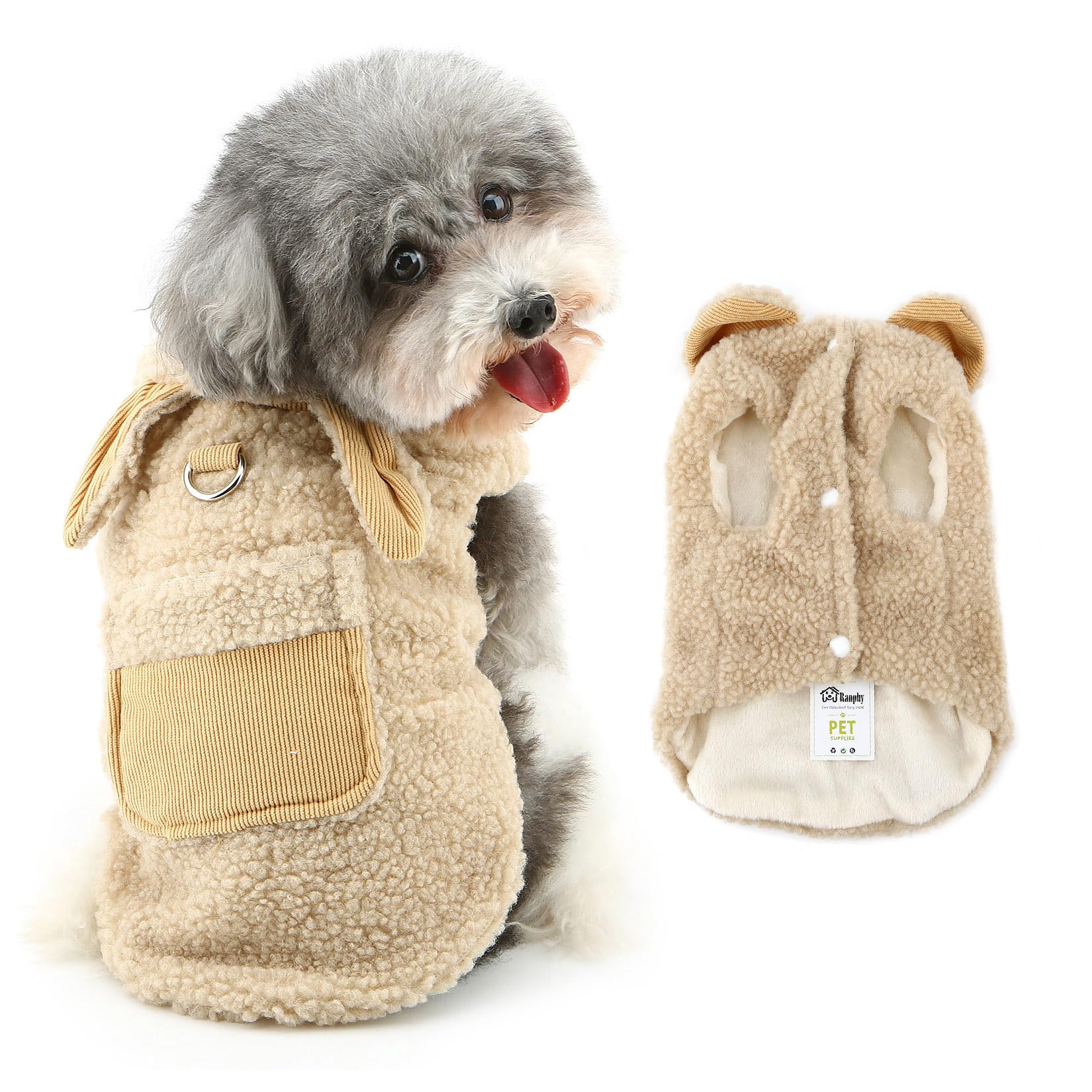 Ranphy Faux Shearling Fleece Jacket for Small Dog Fleece Lined Puppy Winter Coat Sleeveless Cute Ears Pocket Windproof Yorkie Chihuahua Warm Clothes with Leash Ring Cat Clothing,Beige,XS