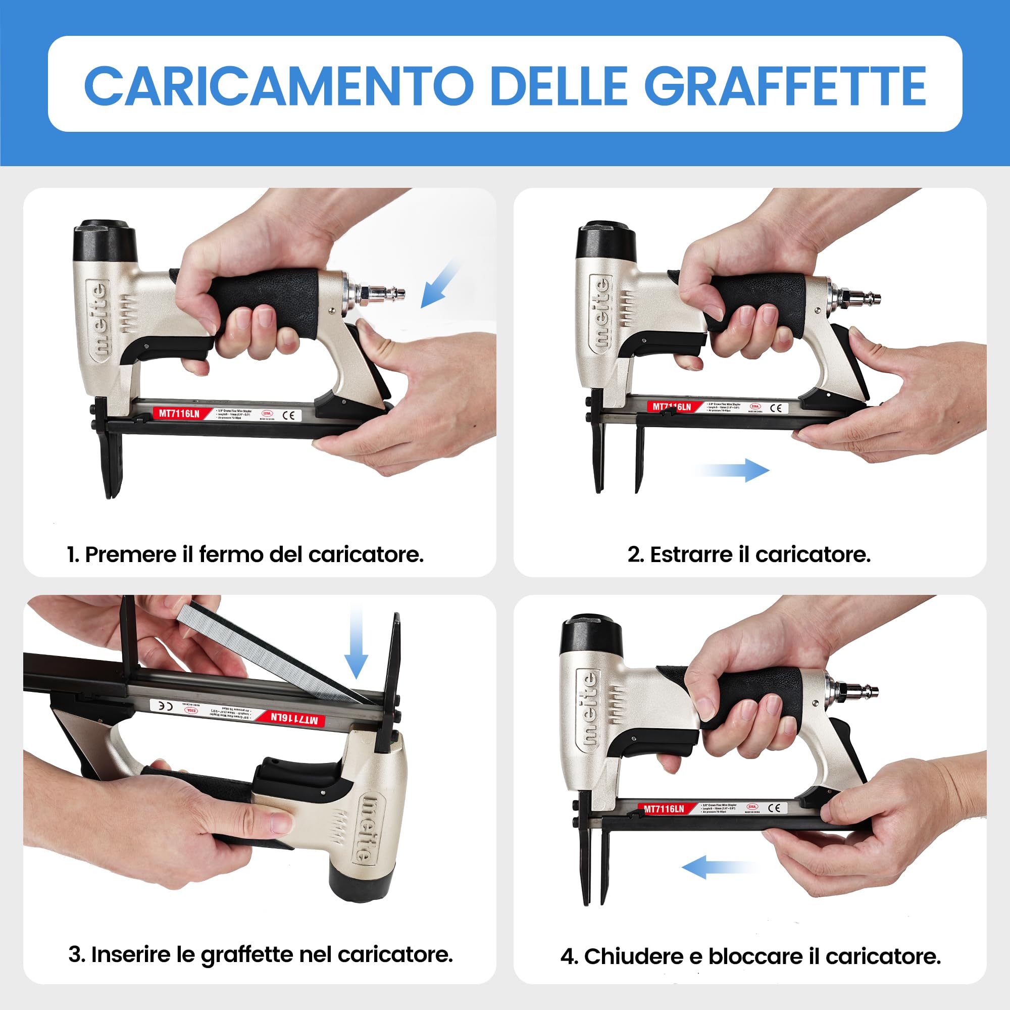 meite MT7116LN Pistola sparachiodi ad aria compressa, graffatrice pneumatica a becco lungo per tappezzeria, pistola sparachiodi leggera 22GA per mobili e lavorazione del legno